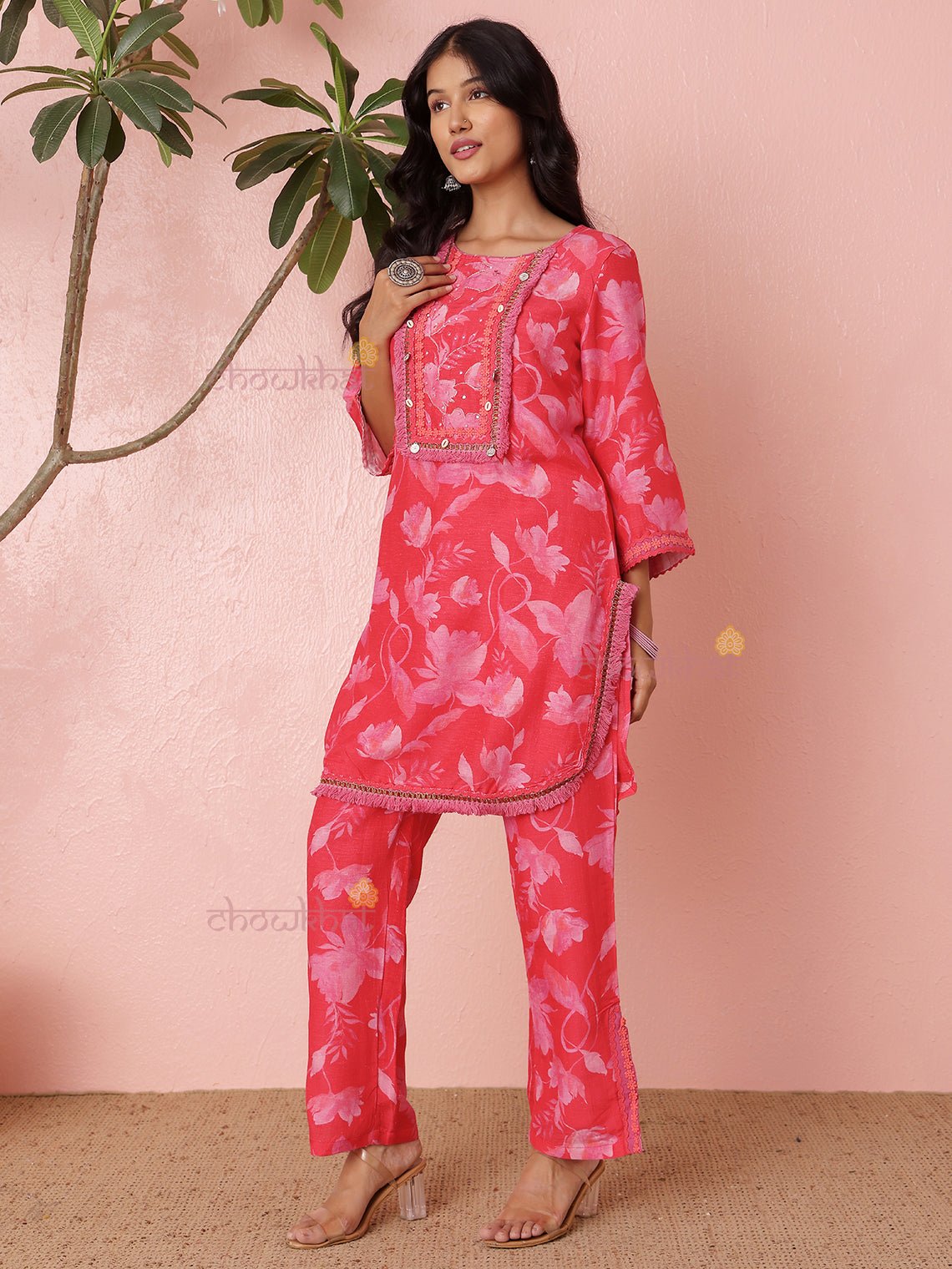 Iram Linen Silk Co - ord Set With Handwork & Lace Detaling - Chowkhat Lifestyle
