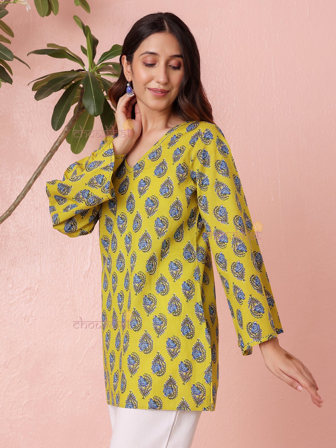 Tavi Short Hand Printed Cotton Kurti With Kantha work - Chowkhat Lifestyle