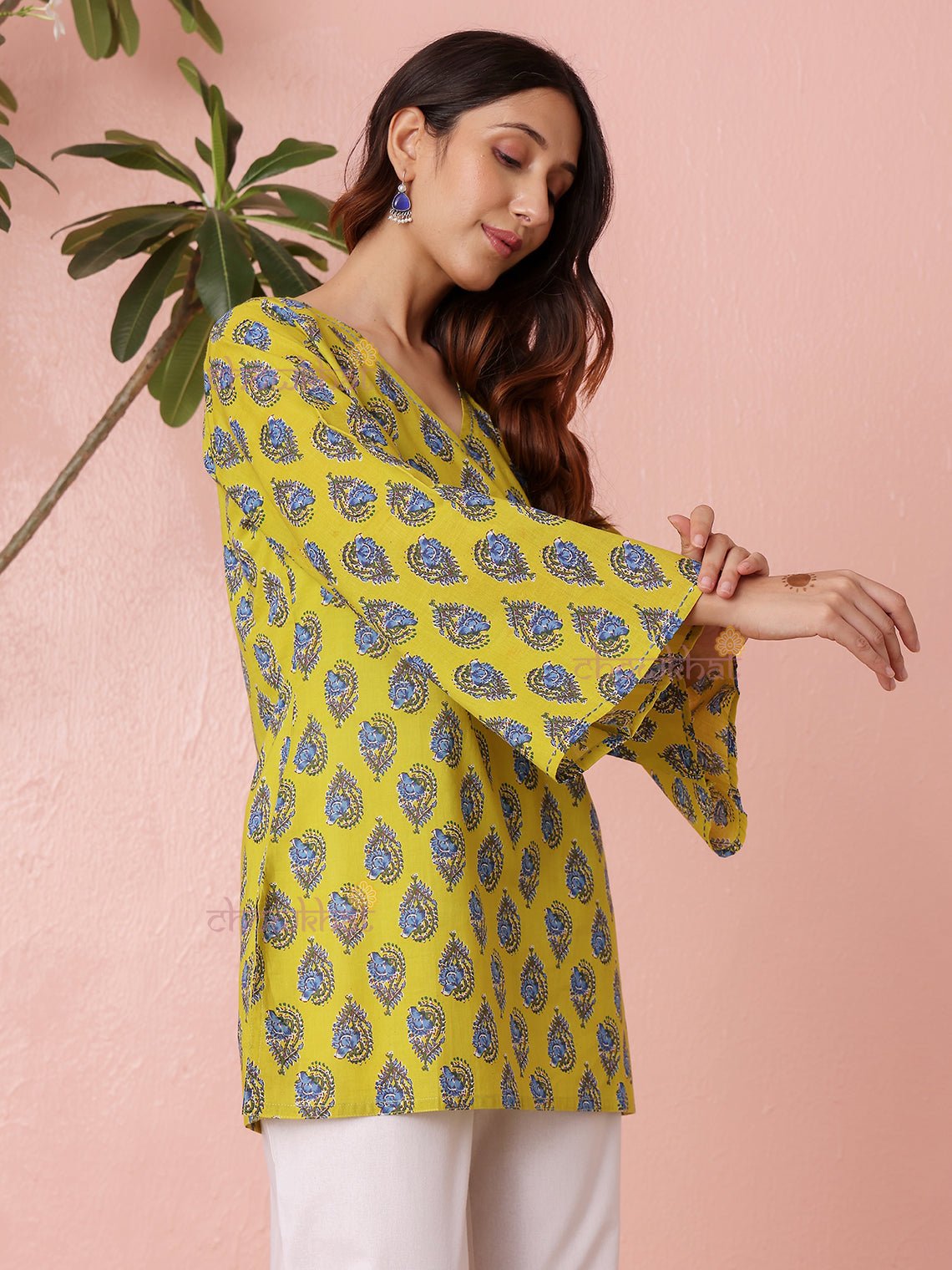 Tavi Short Hand Printed Cotton Kurti With Kantha work - Chowkhat Lifestyle