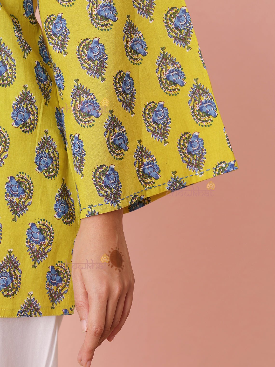 Tavi Short Hand Printed Cotton Kurti With Kantha work - Chowkhat Lifestyle