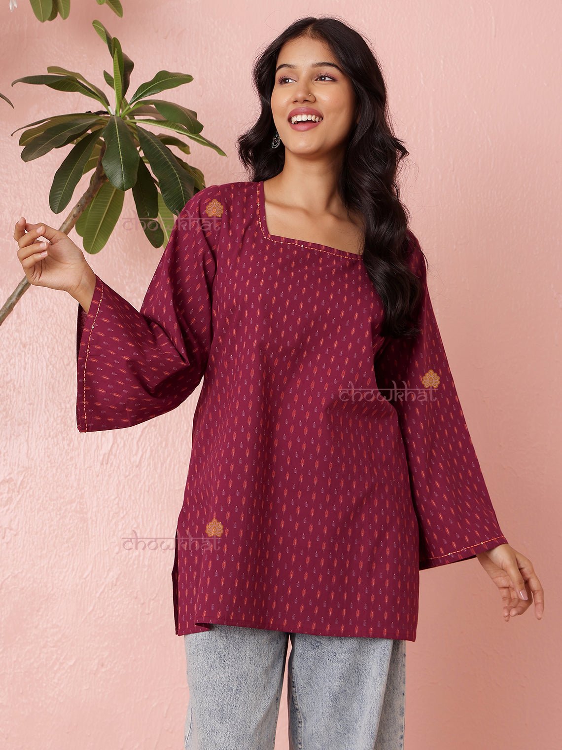 Kavya Short Hand Printed Cotton Kurti With Kantha Work - Chowkhat Lifestyle