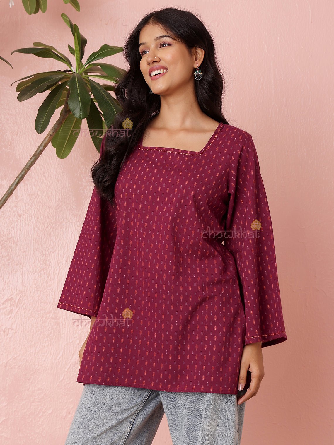 Kavya Short Hand Printed Cotton Kurti With Kantha Work - Chowkhat Lifestyle