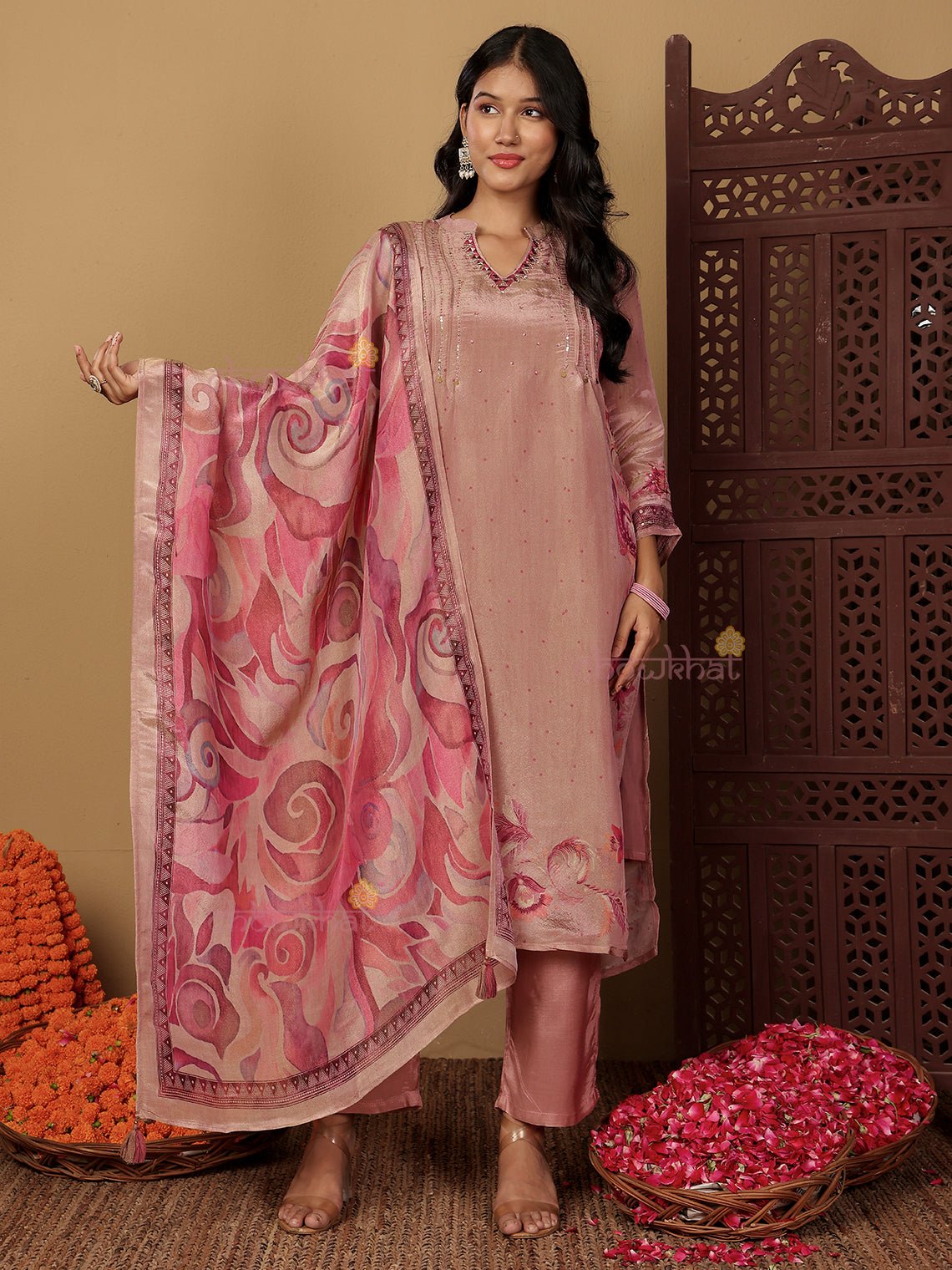 Kusum Tissue Stitched Premium Suit Set with attached Lining & Handwork - Chowkhat Lifestyle