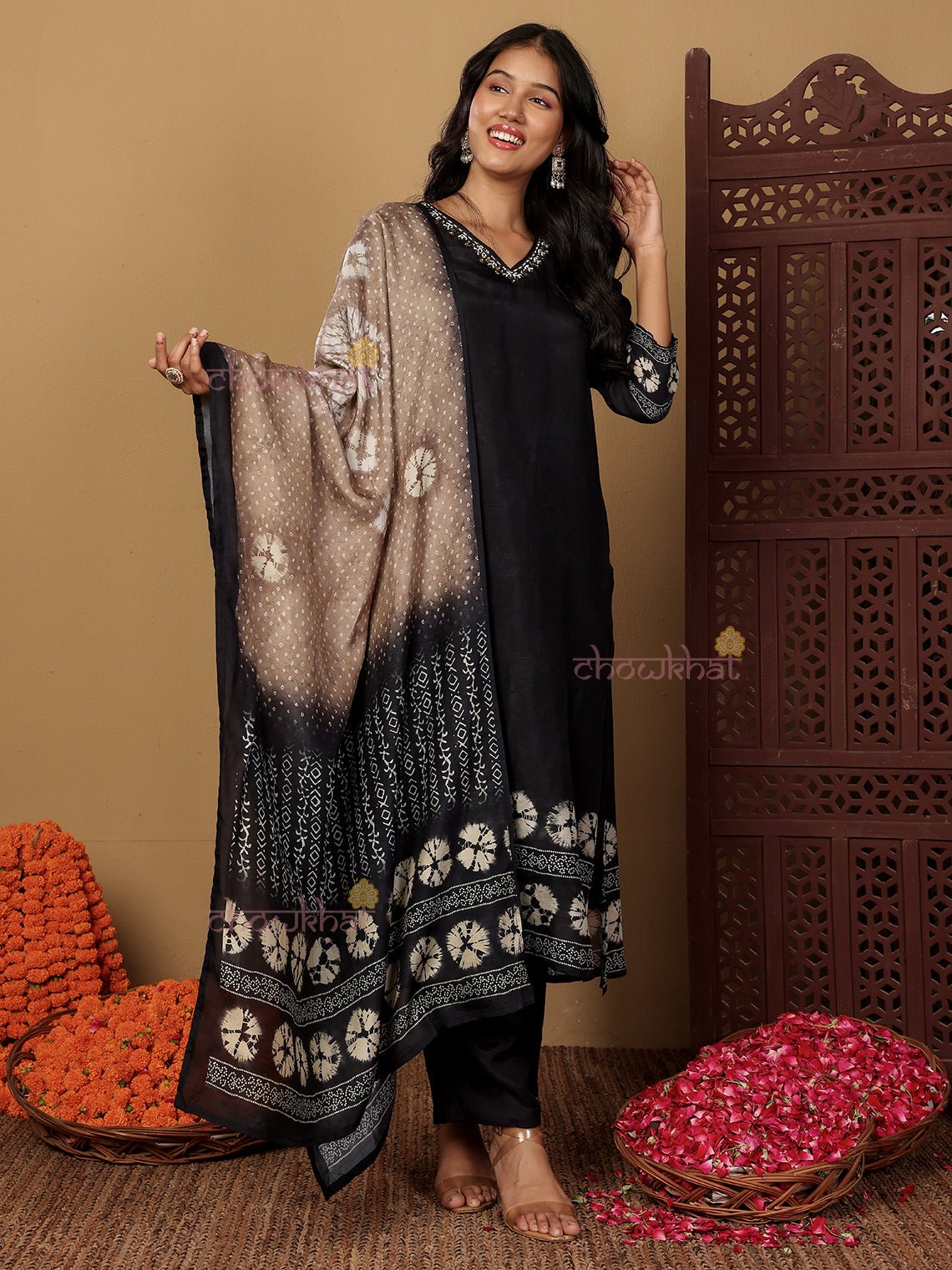 Netra Bandhani Print Silk 3 Piece Stitched Suit Set With Hand Embroidery - Chowkhat Lifestyle