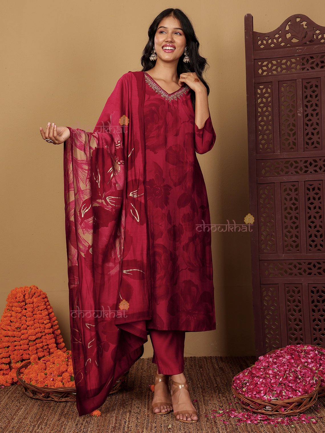 Srisha Hand Embroidered Printed Muslin 3 Piece Stitched Suit Set - Chowkhat Lifestyle
