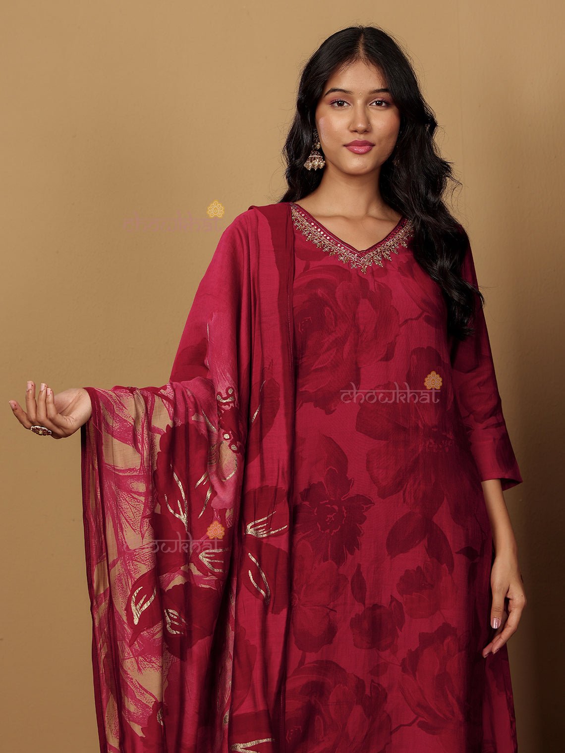 Srisha Hand Embroidered Printed Muslin 3 Piece Stitched Suit Set - Chowkhat Lifestyle