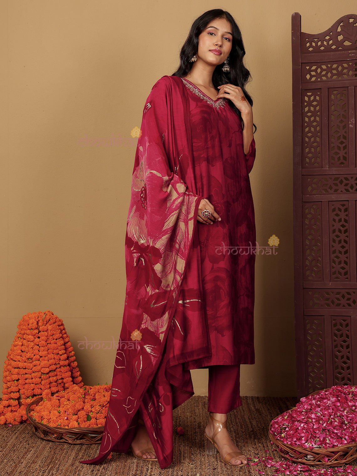 Srisha Hand Embroidered Printed Muslin 3 Piece Stitched Suit Set - Chowkhat Lifestyle