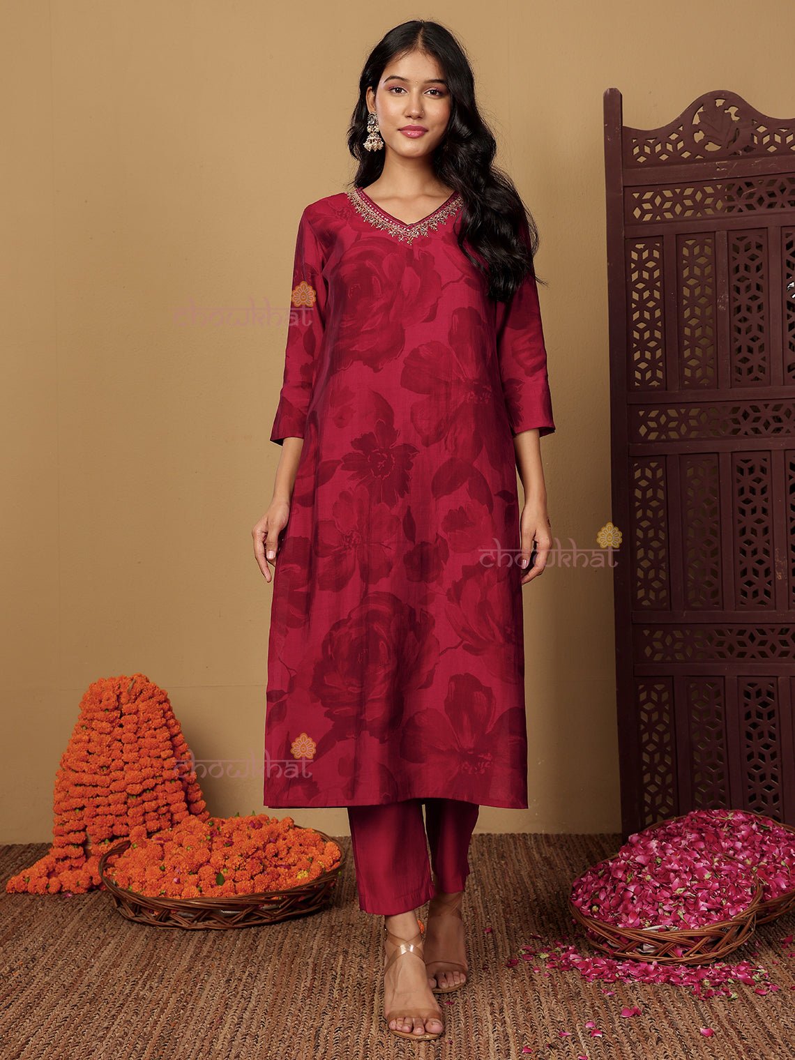 Srisha Hand Embroidered Printed Muslin 3 Piece Stitched Suit Set - Chowkhat Lifestyle