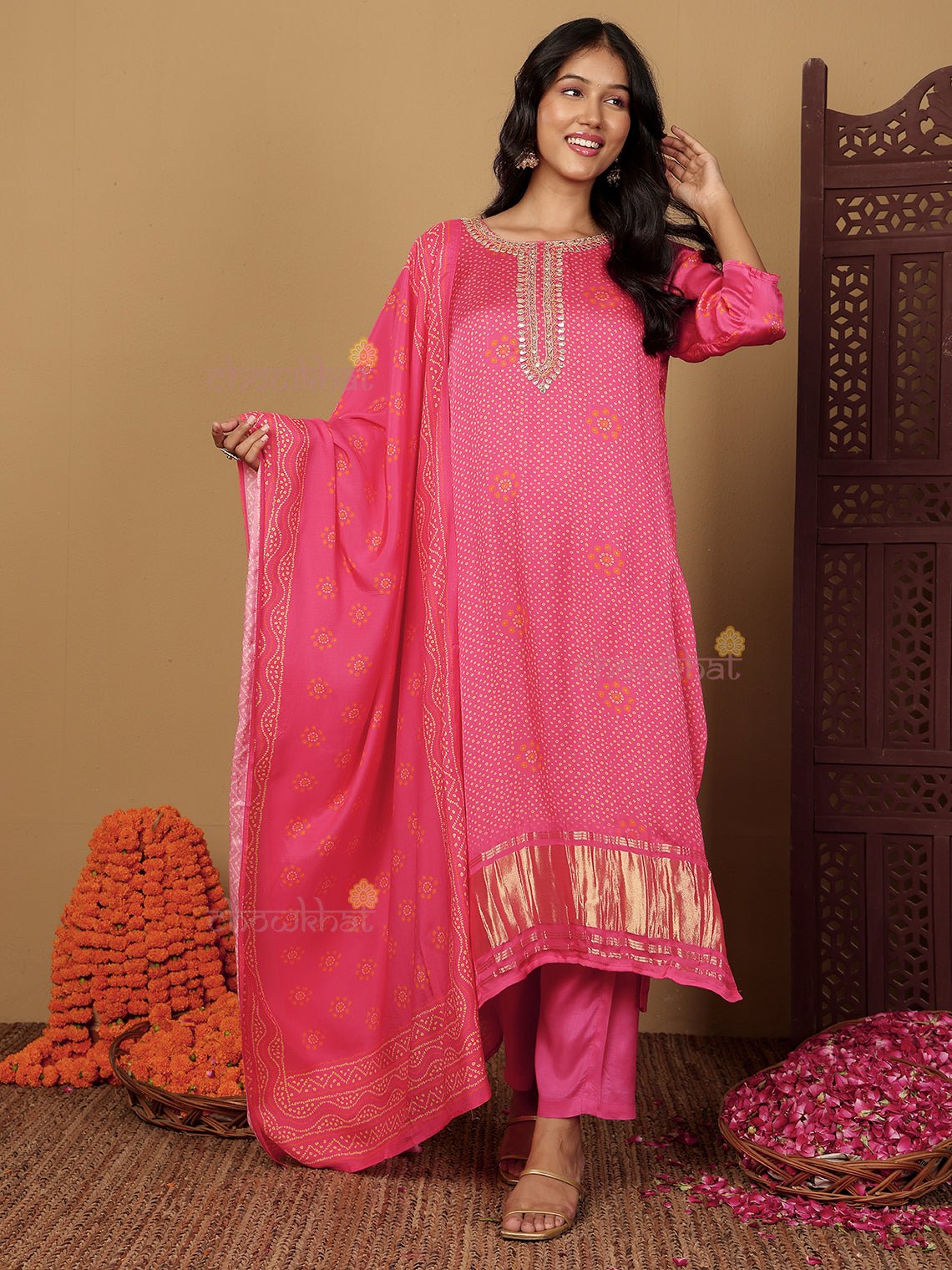 Qala Modal Satin Bandhani 3 Piece Stitched Suit Set with Handwork - Chowkhat Lifestyle