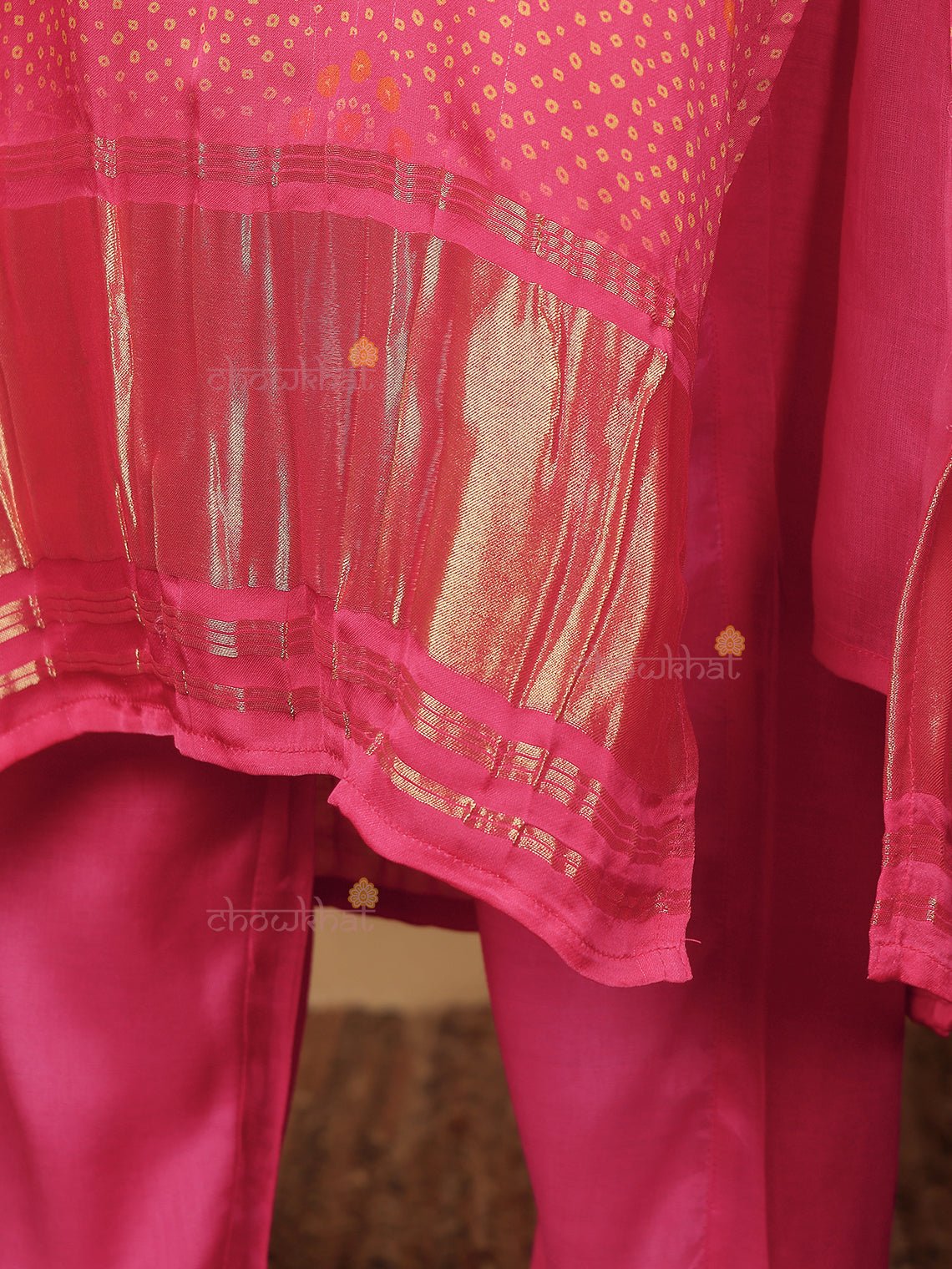 Qala Modal Satin Bandhani 3 Piece Stitched Suit Set with Handwork - Chowkhat Lifestyle