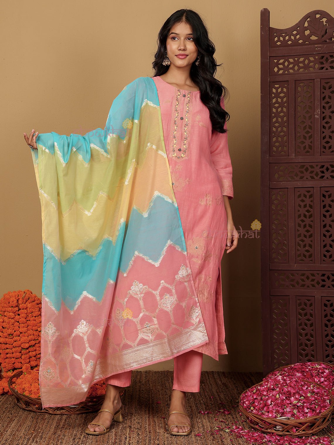 Antara Linen Jacquard 3 Piece Stitched Suit Set with Handwork - Chowkhat Lifestyle