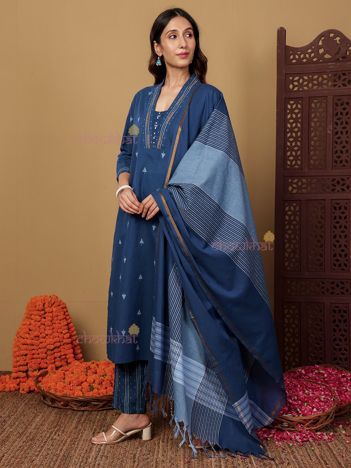 Aviva Handloom Cotton 3 Piece Stitched Suit Set with Handwork - Chowkhat Lifestyle