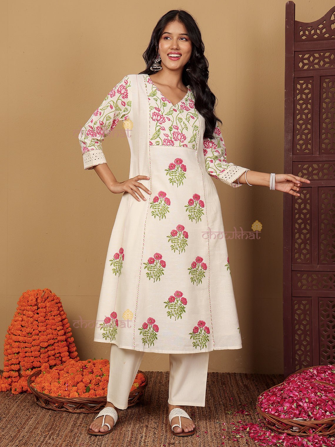 Bagh Hand Block 3 Piece Stitched Suit Set with Kota Doria Dupatta & Sequence Detaling - Chowkhat Lifestyle