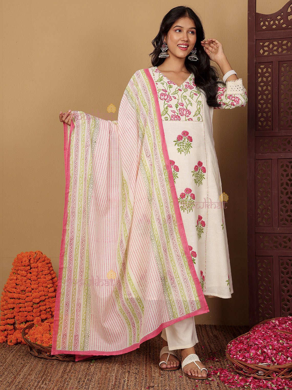 Bagh Hand Block 3 Piece Stitched Suit Set with Kota Doria Dupatta & Sequence Detaling - Chowkhat Lifestyle