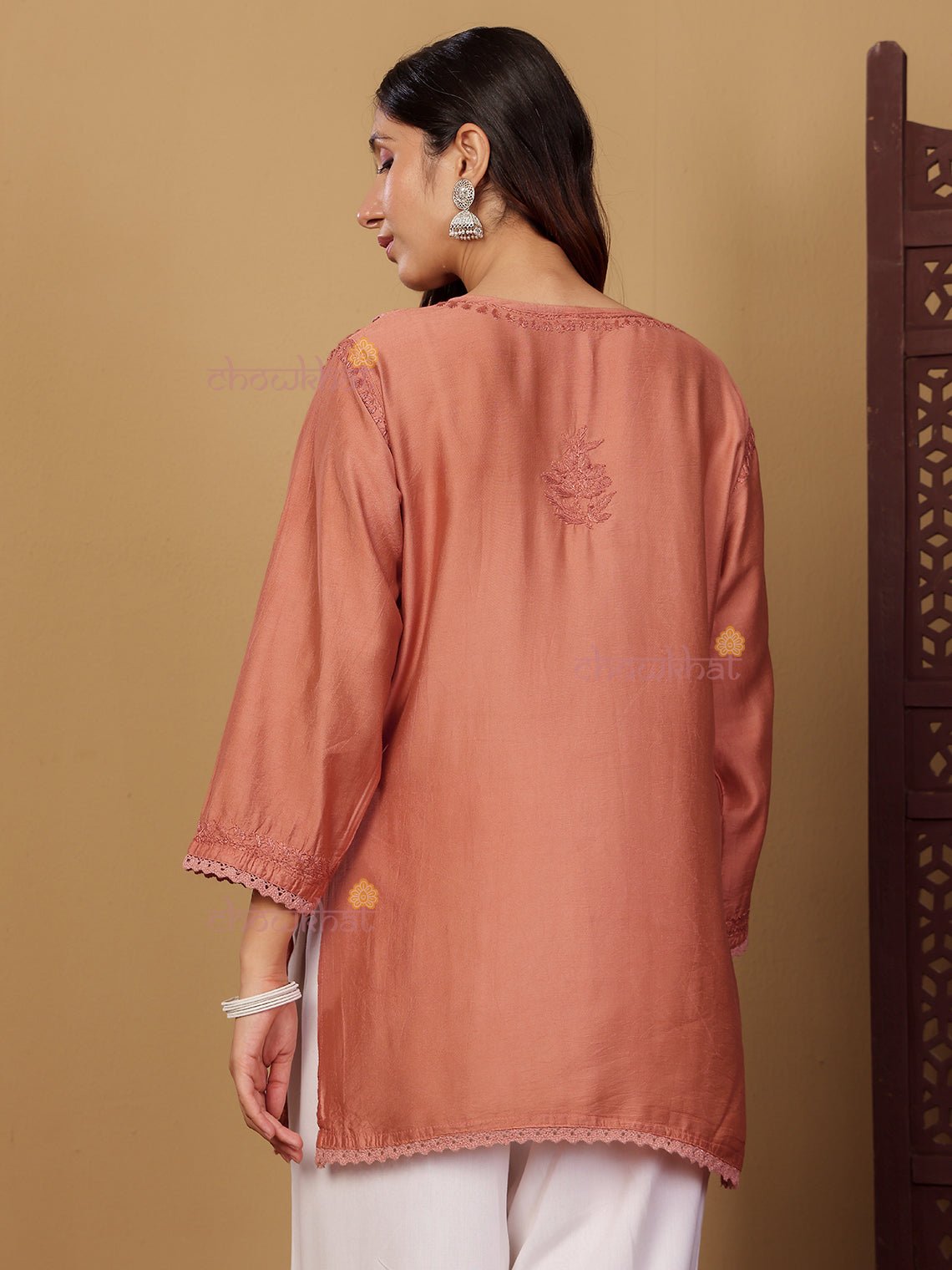 Zaiba Chanderi Straight Short Chikankari Kurti with Lace Detaling - Chowkhat Lifestyle
