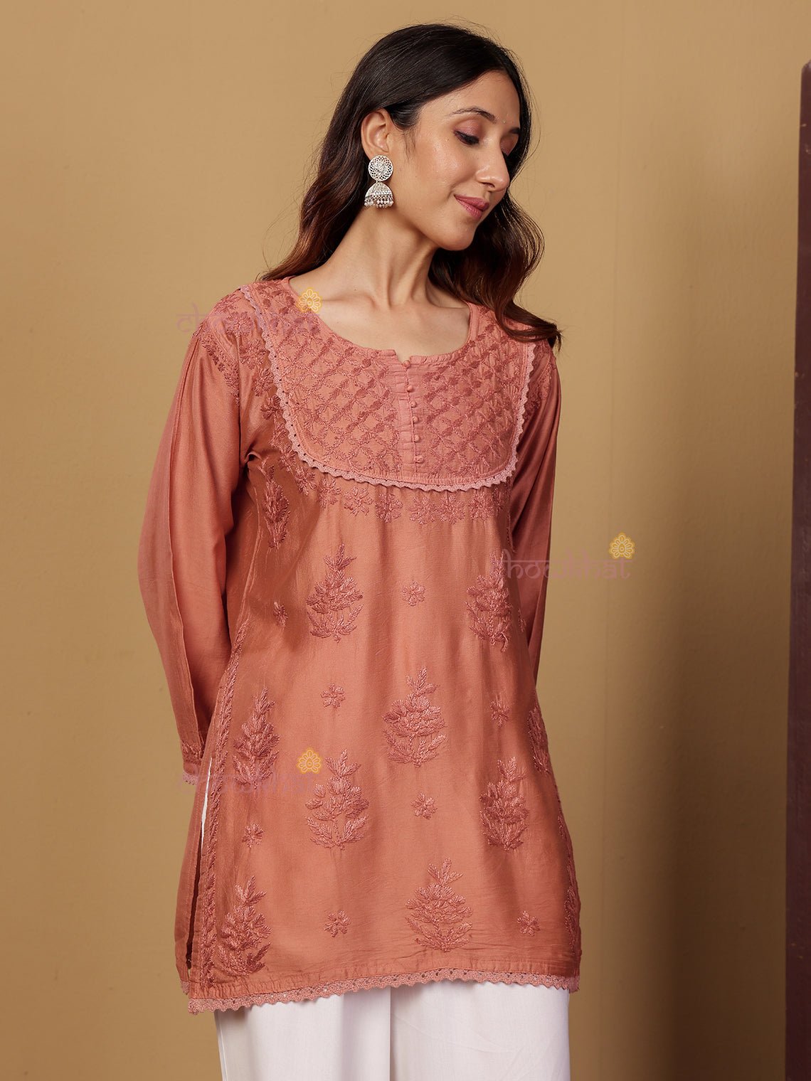 Zaiba Chanderi Straight Short Chikankari Kurti with Lace Detaling - Chowkhat Lifestyle