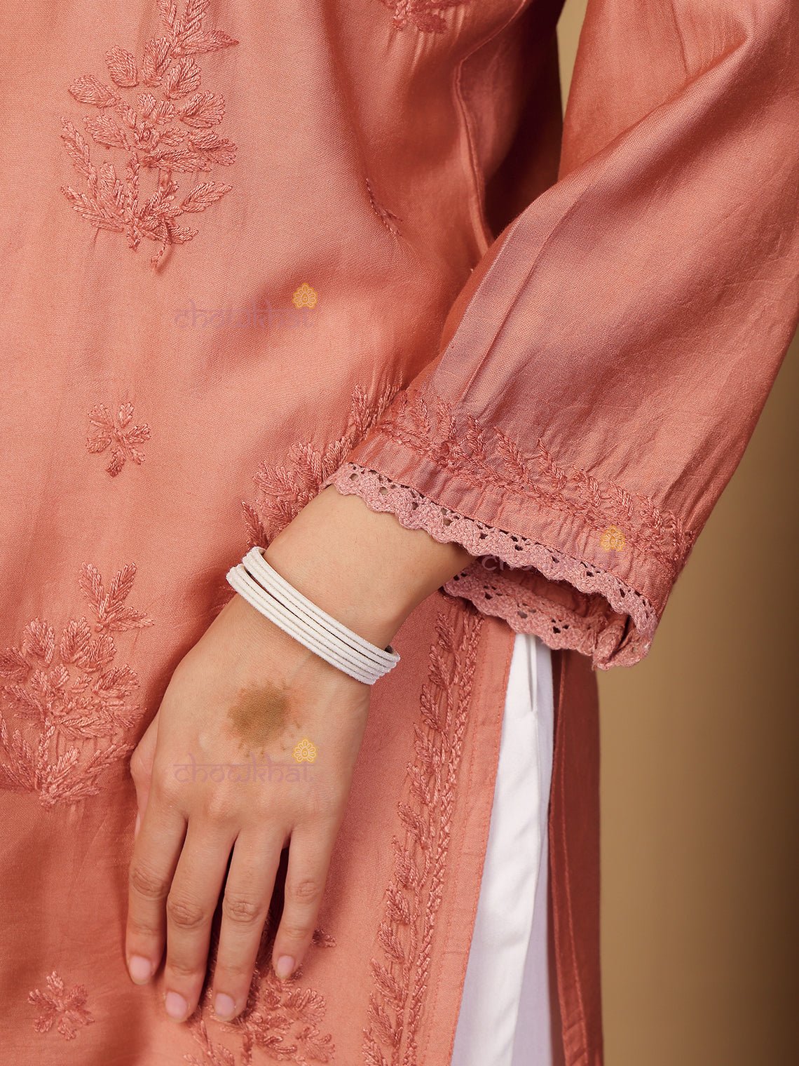 Zaiba Chanderi Straight Short Chikankari Kurti with Lace Detaling - Chowkhat Lifestyle