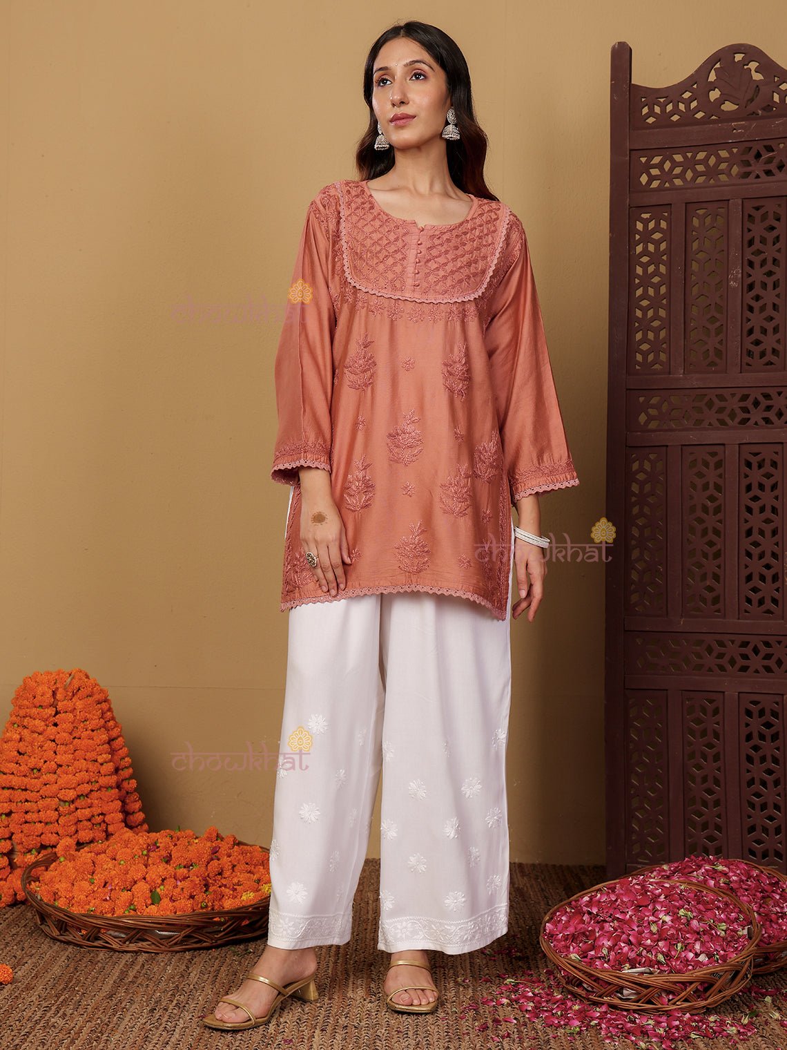 Zaiba Chanderi Straight Short Chikankari Kurti with Lace Detaling - Chowkhat Lifestyle