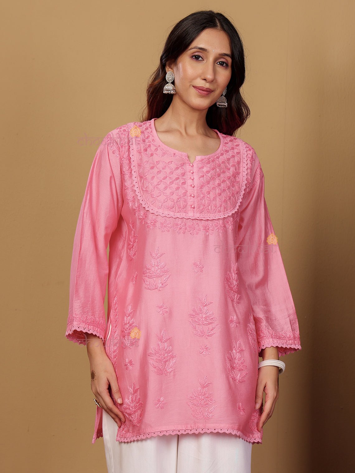 Zaiba Chanderi Straight Short Chikankari Kurti with Lace Detaling - Chowkhat Lifestyle