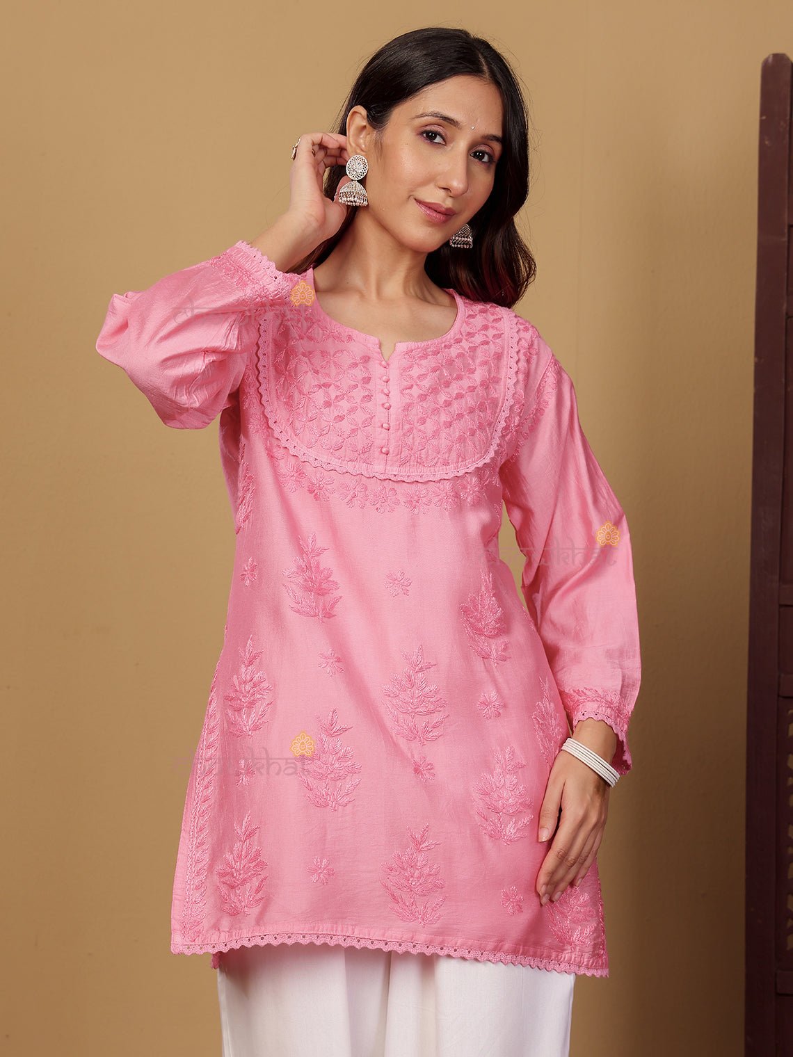 Zaiba Chanderi Straight Short Chikankari Kurti with Lace Detaling - Chowkhat Lifestyle