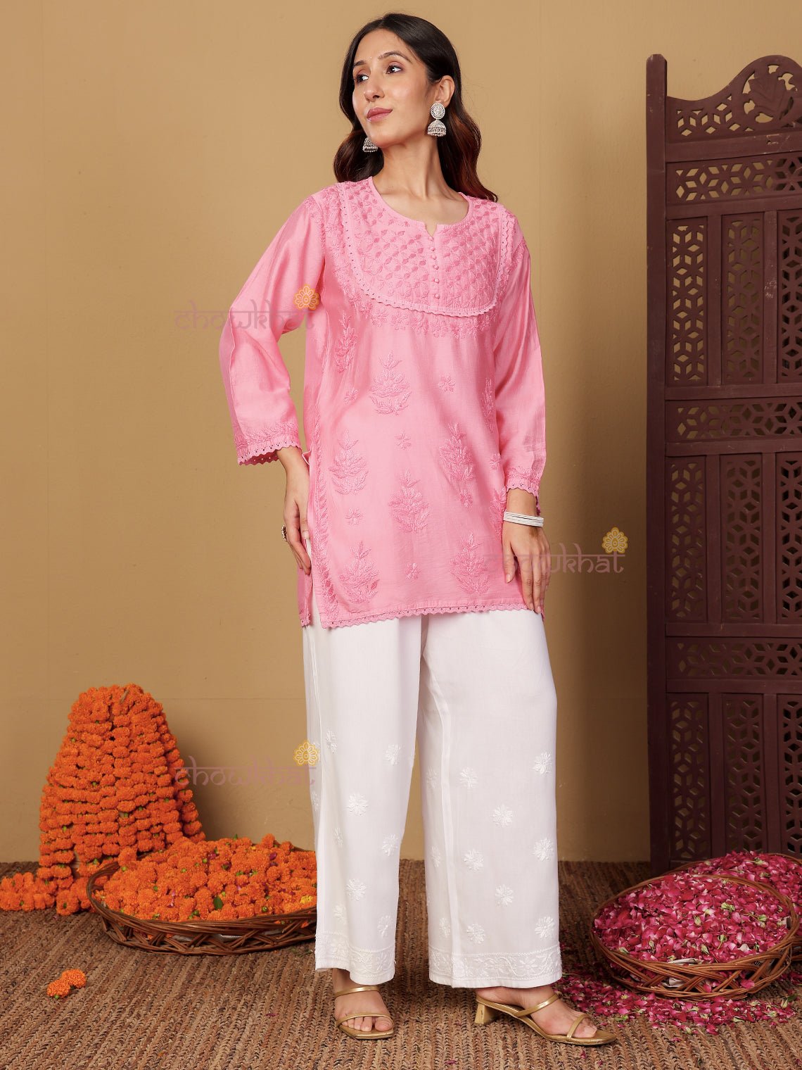 Zaiba Chanderi Straight Short Chikankari Kurti with Lace Detaling - Chowkhat Lifestyle