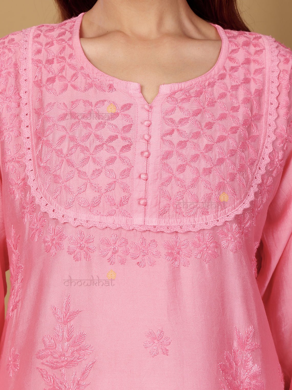 Zaiba Chanderi Straight Short Chikankari Kurti with Lace Detaling - Chowkhat Lifestyle