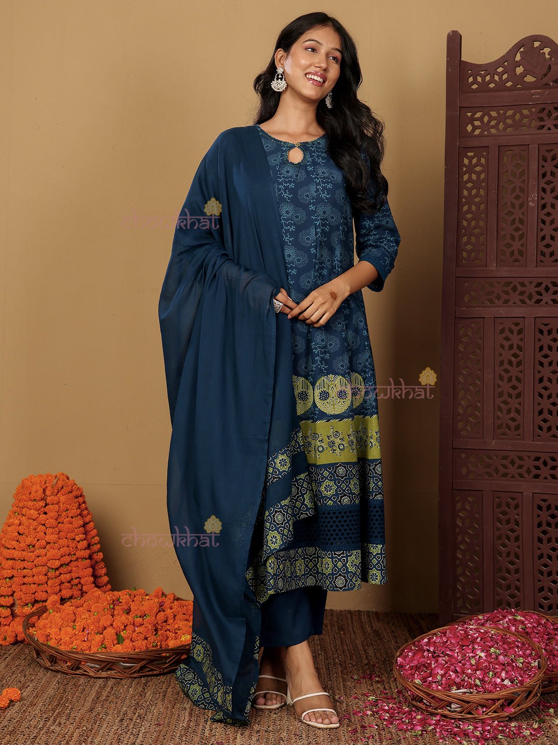 Nida Hand Block 3 Piece Anarkali Stitched Suit Set with Handwork - Chowkhat Lifestyle