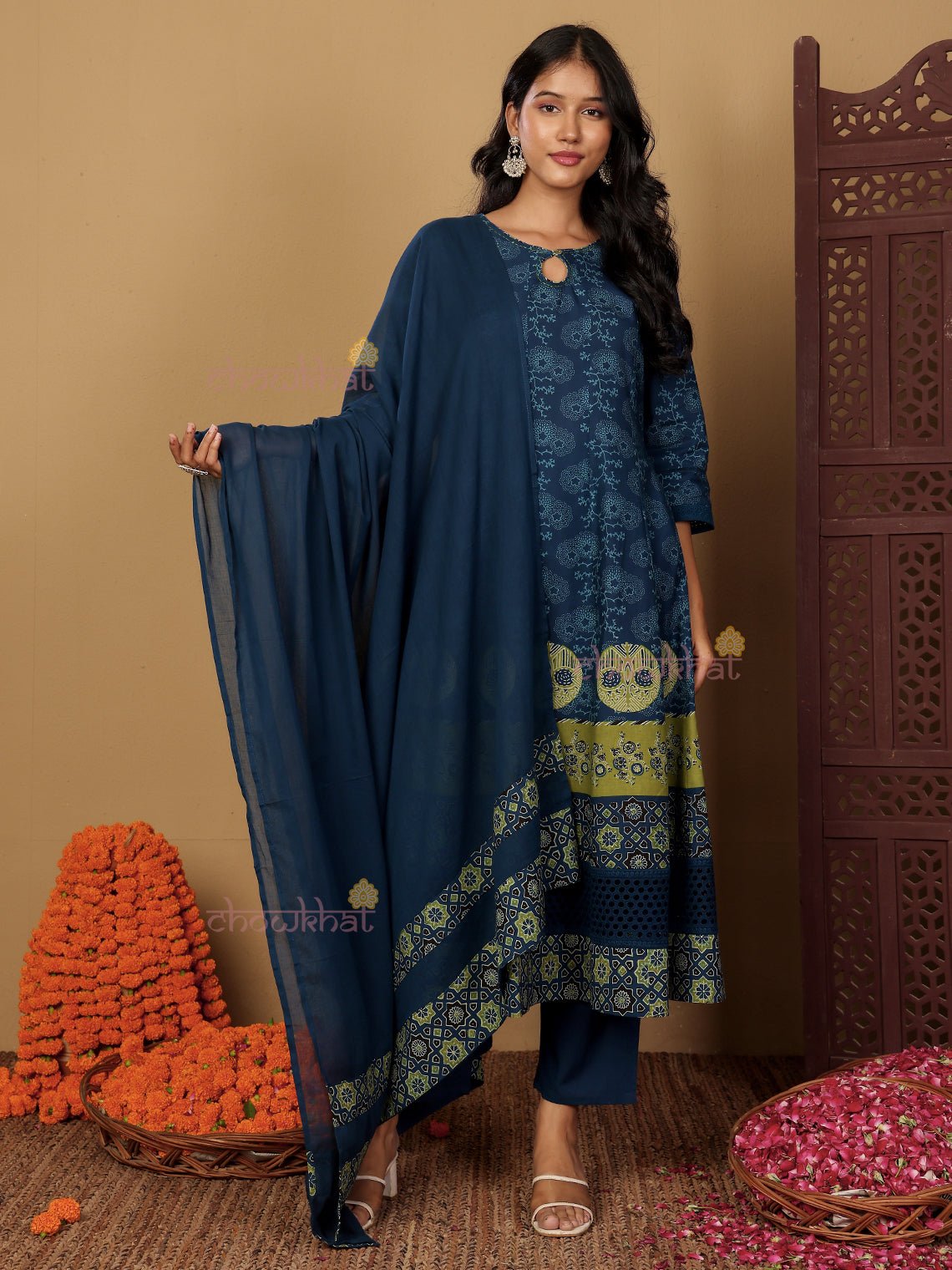 Nida Hand Block 3 Piece Anarkali Stitched Suit Set with Handwork - Chowkhat Lifestyle