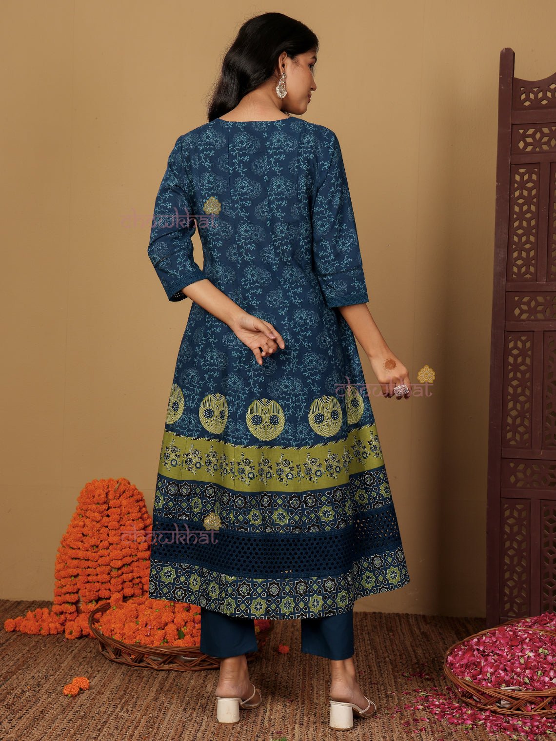 Nida Hand Block 3 Piece Anarkali Stitched Suit Set with Handwork - Chowkhat Lifestyle