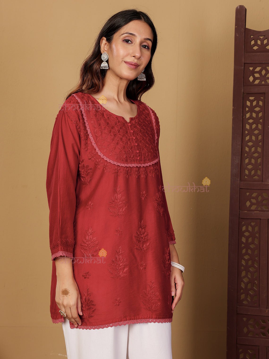 Zaiba Chanderi Straight Short Chikankari Kurti with Lace Detaling - Chowkhat Lifestyle