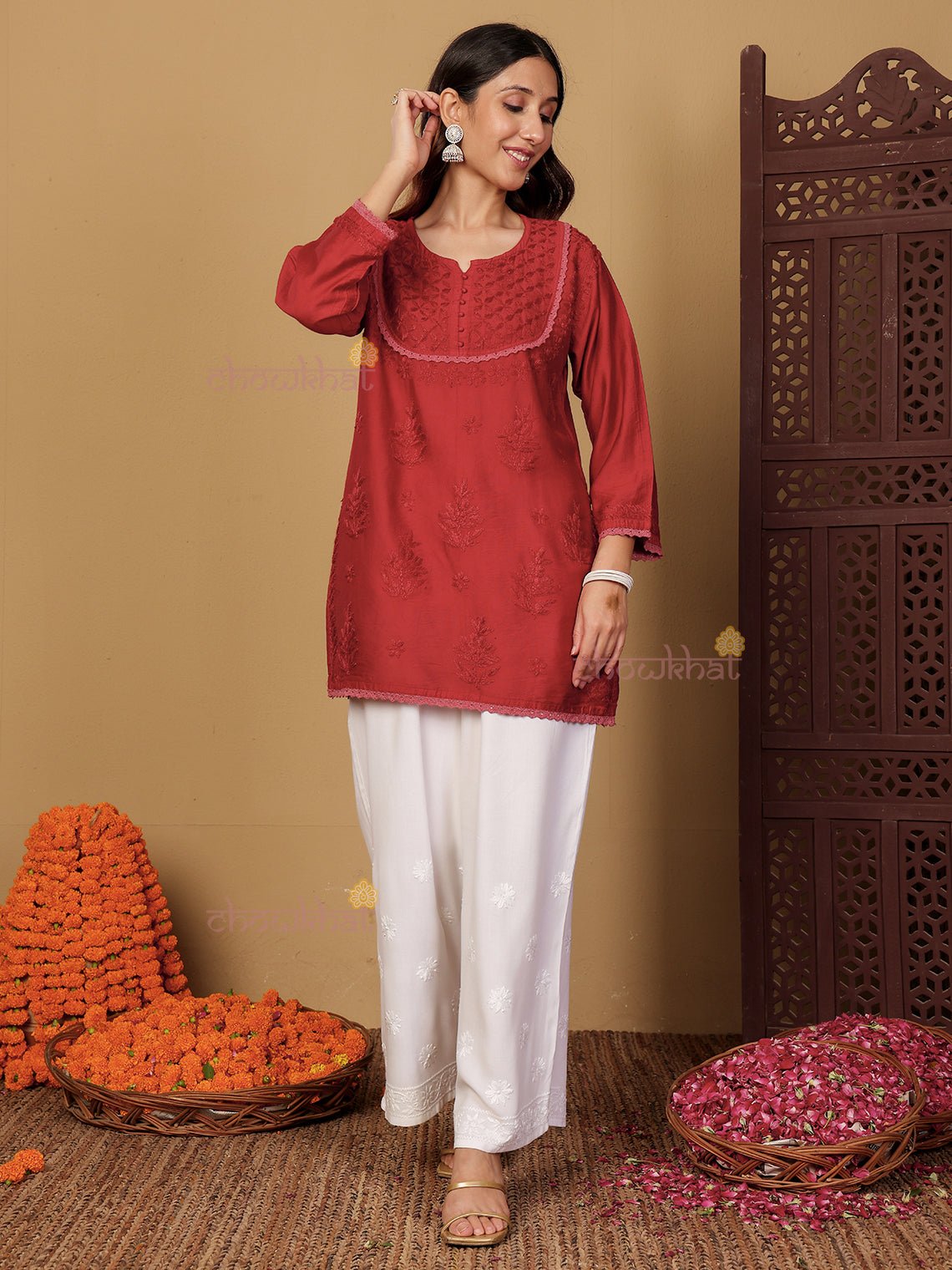 Zaiba Chanderi Straight Short Chikankari Kurti with Lace Detaling - Chowkhat Lifestyle