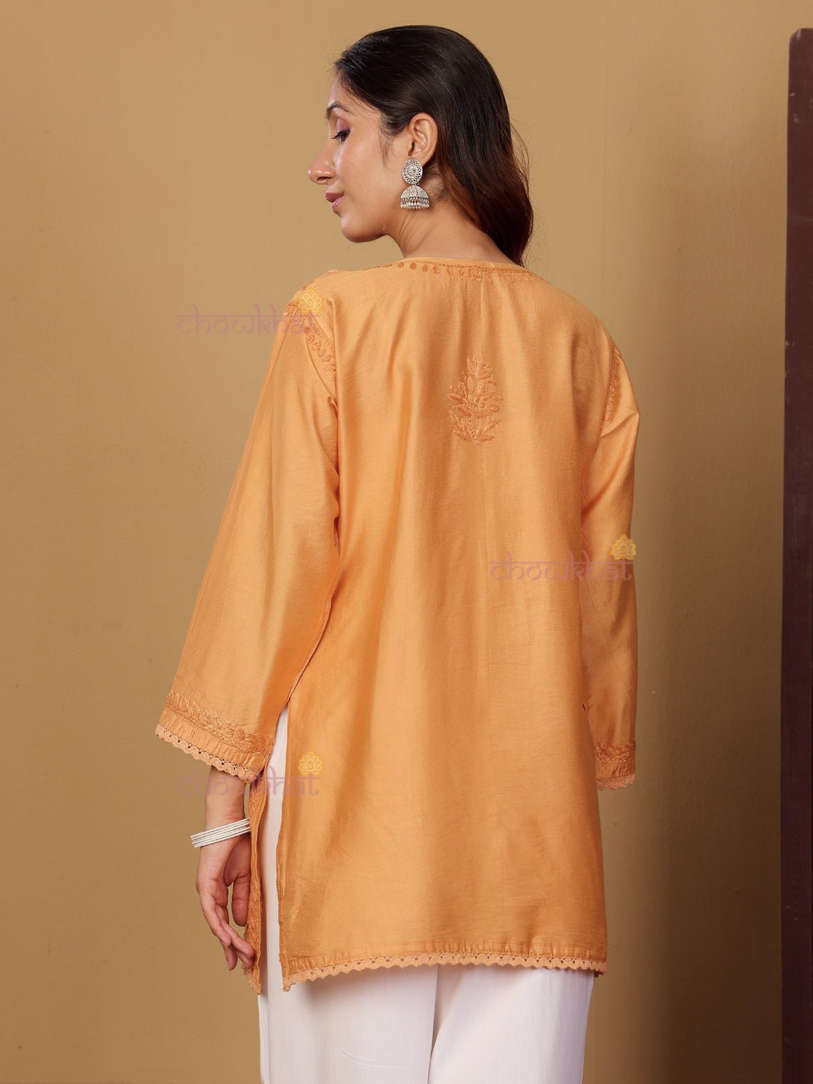Zaiba Chanderi Straight Short Chikankari Kurti with Lace Detaling - Chowkhat Lifestyle
