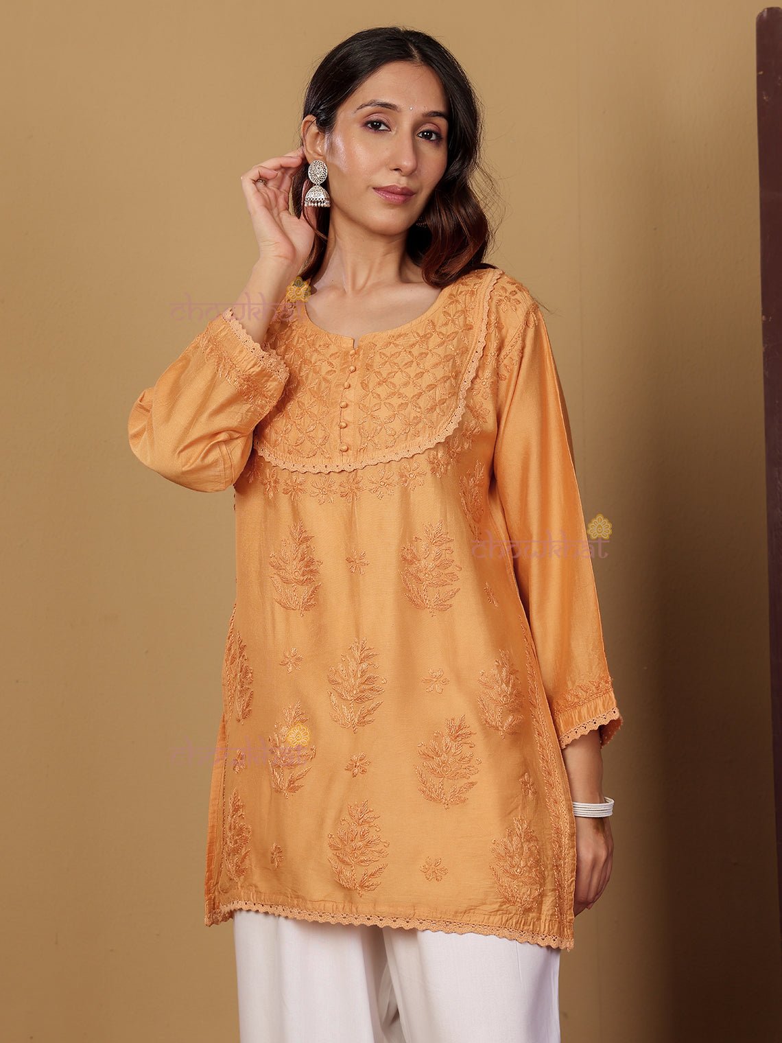 Zaiba Chanderi Straight Short Chikankari Kurti with Lace Detaling - Chowkhat Lifestyle