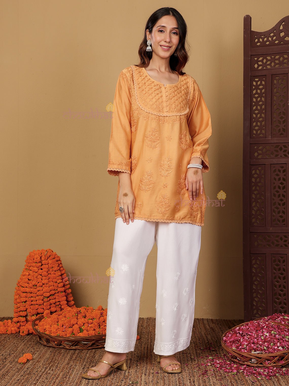 Zaiba Chanderi Straight Short Chikankari Kurti with Lace Detaling - Chowkhat Lifestyle