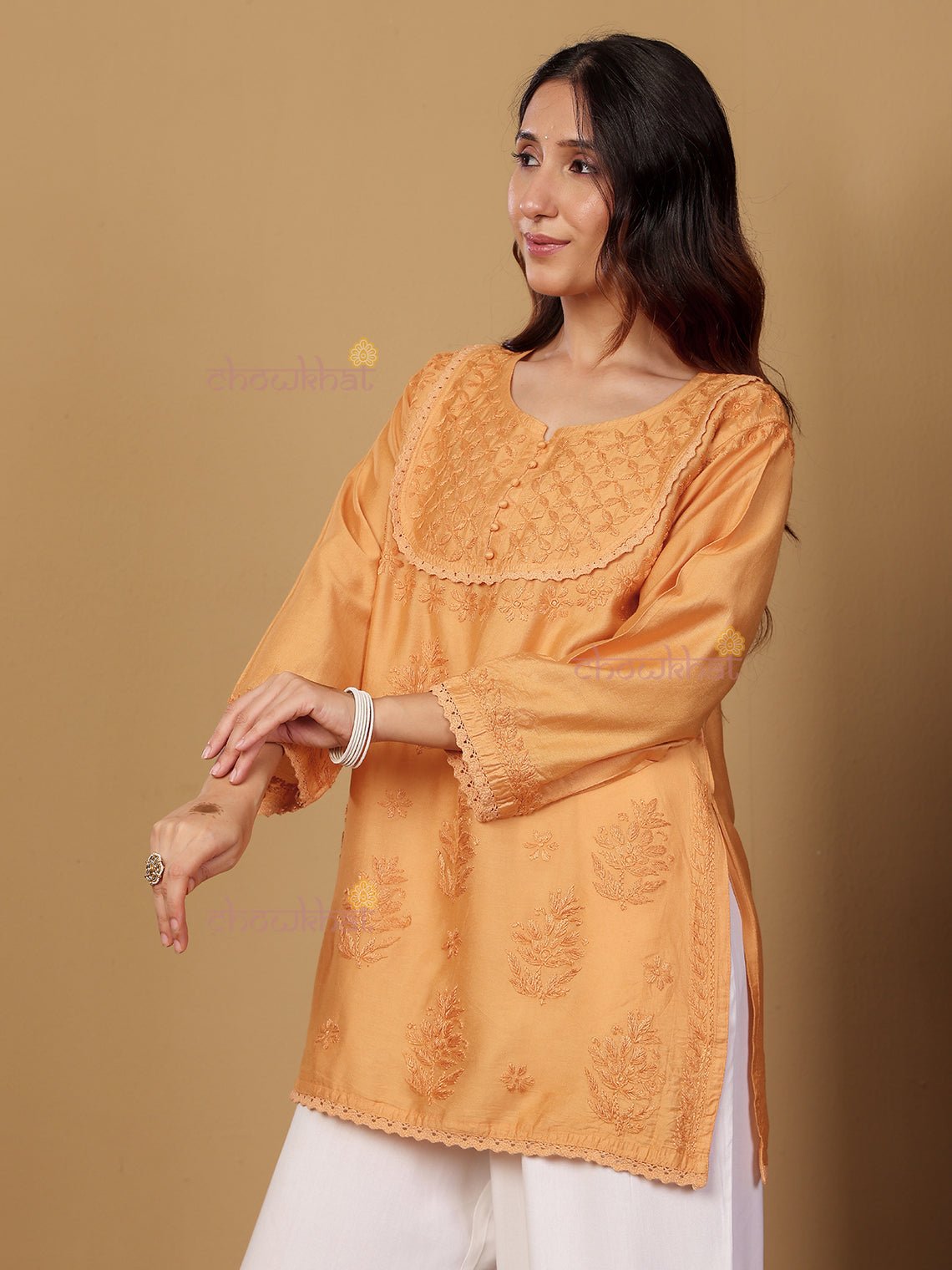 Zaiba Chanderi Straight Short Chikankari Kurti with Lace Detaling - Chowkhat Lifestyle