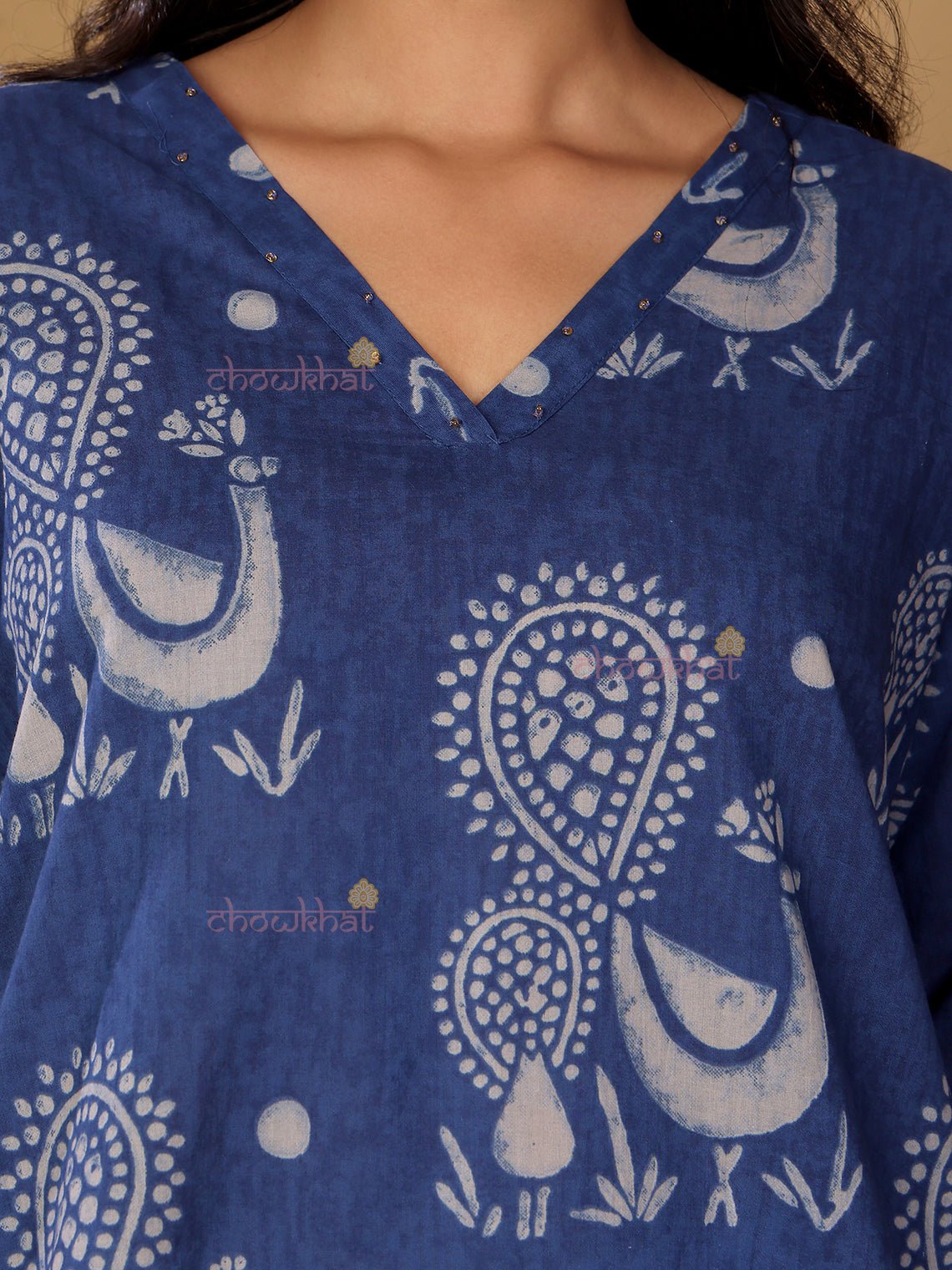 Vrinda Hand Printed Cotton Kurti With Handwork - Chowkhat Lifestyle
