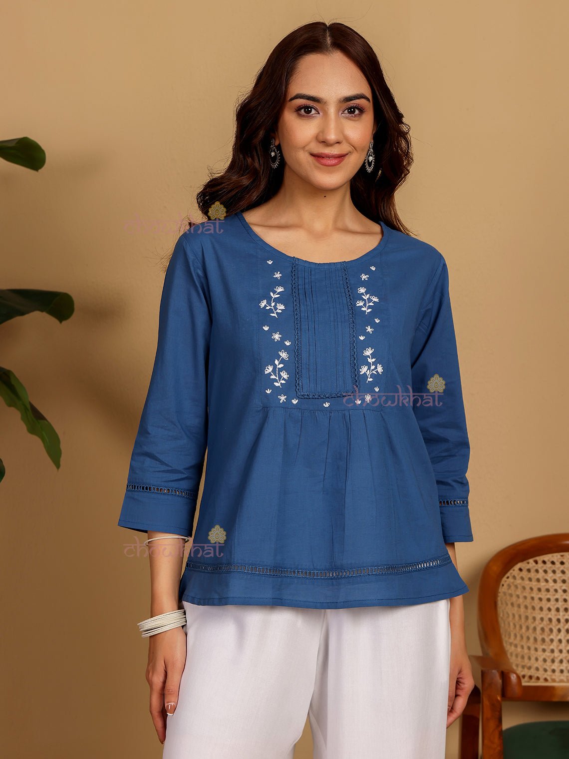 Daisy Hand Embroidered Short Cotton Top - Chowkhat Lifestyle