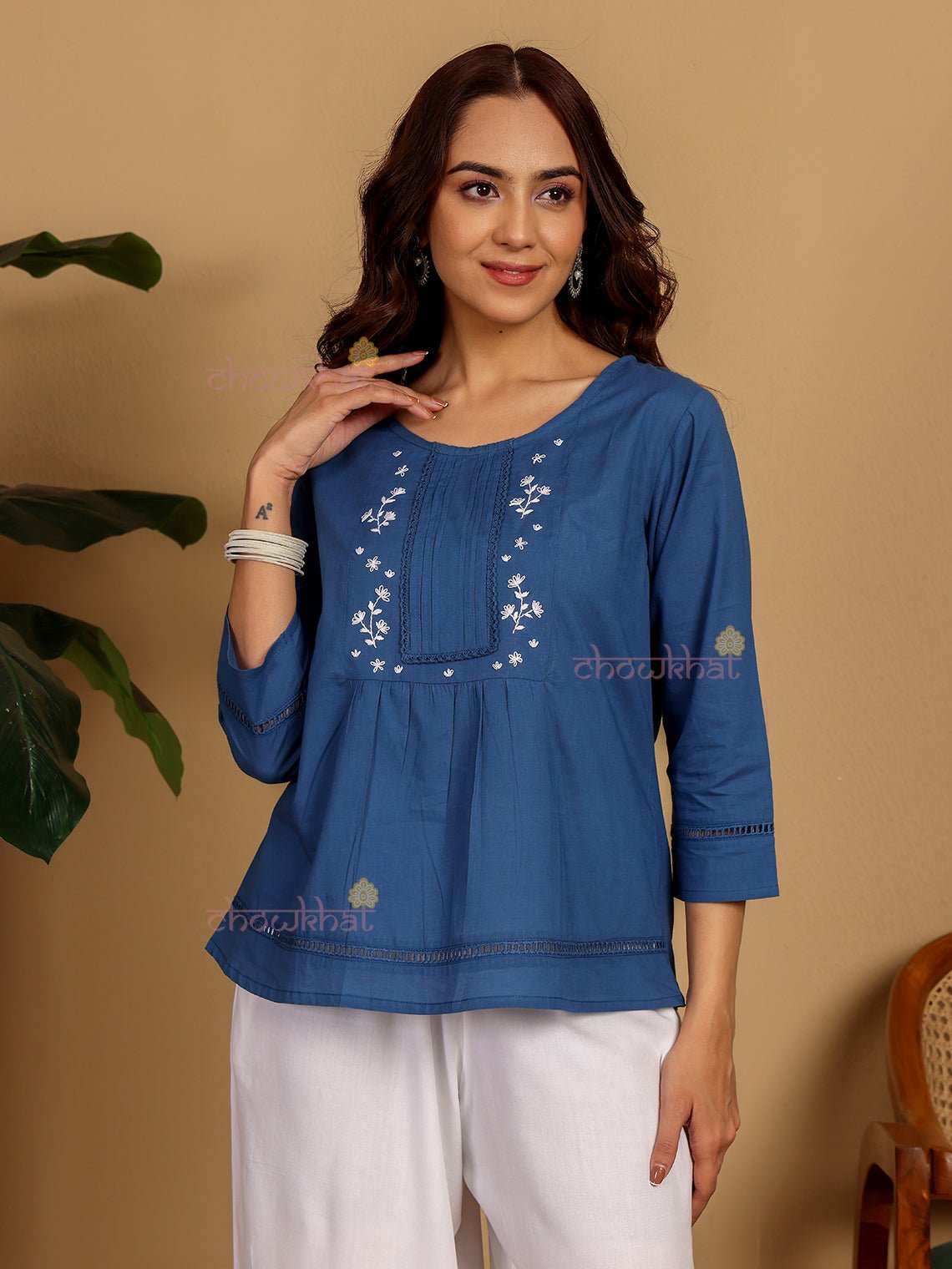 Daisy Hand Embroidered Short Cotton Top - Chowkhat Lifestyle