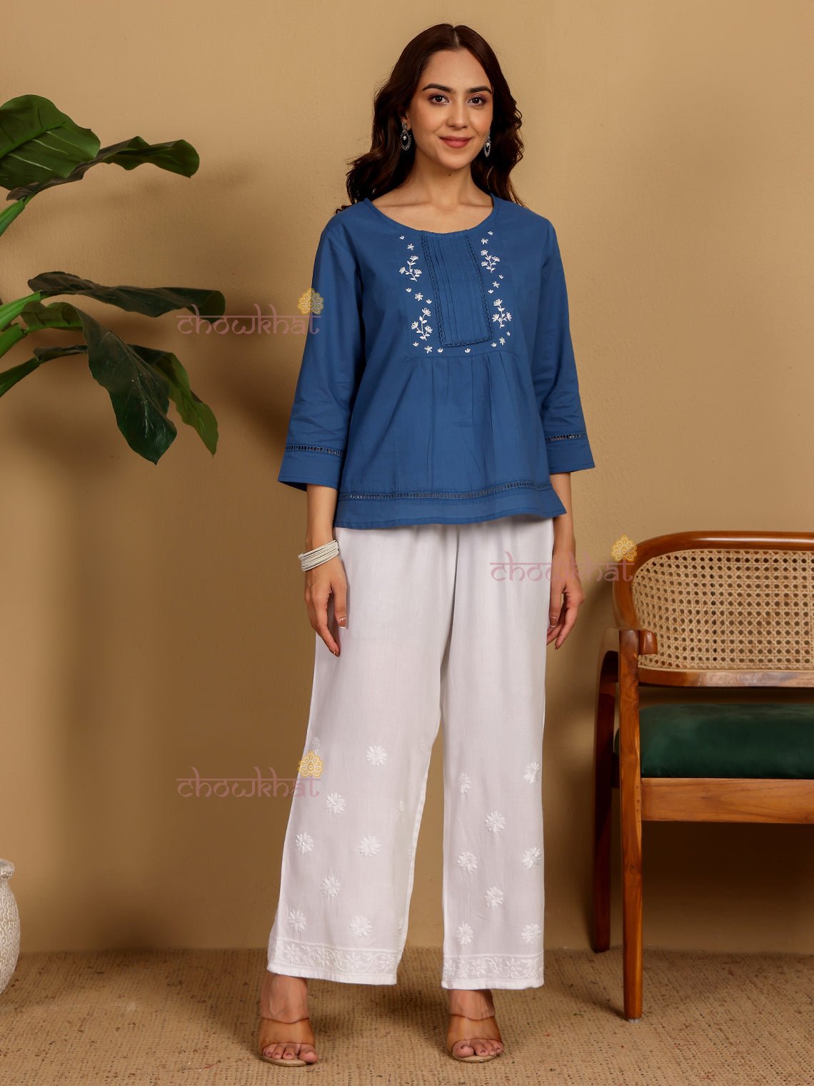 Daisy Hand Embroidered Short Cotton Top - Chowkhat Lifestyle