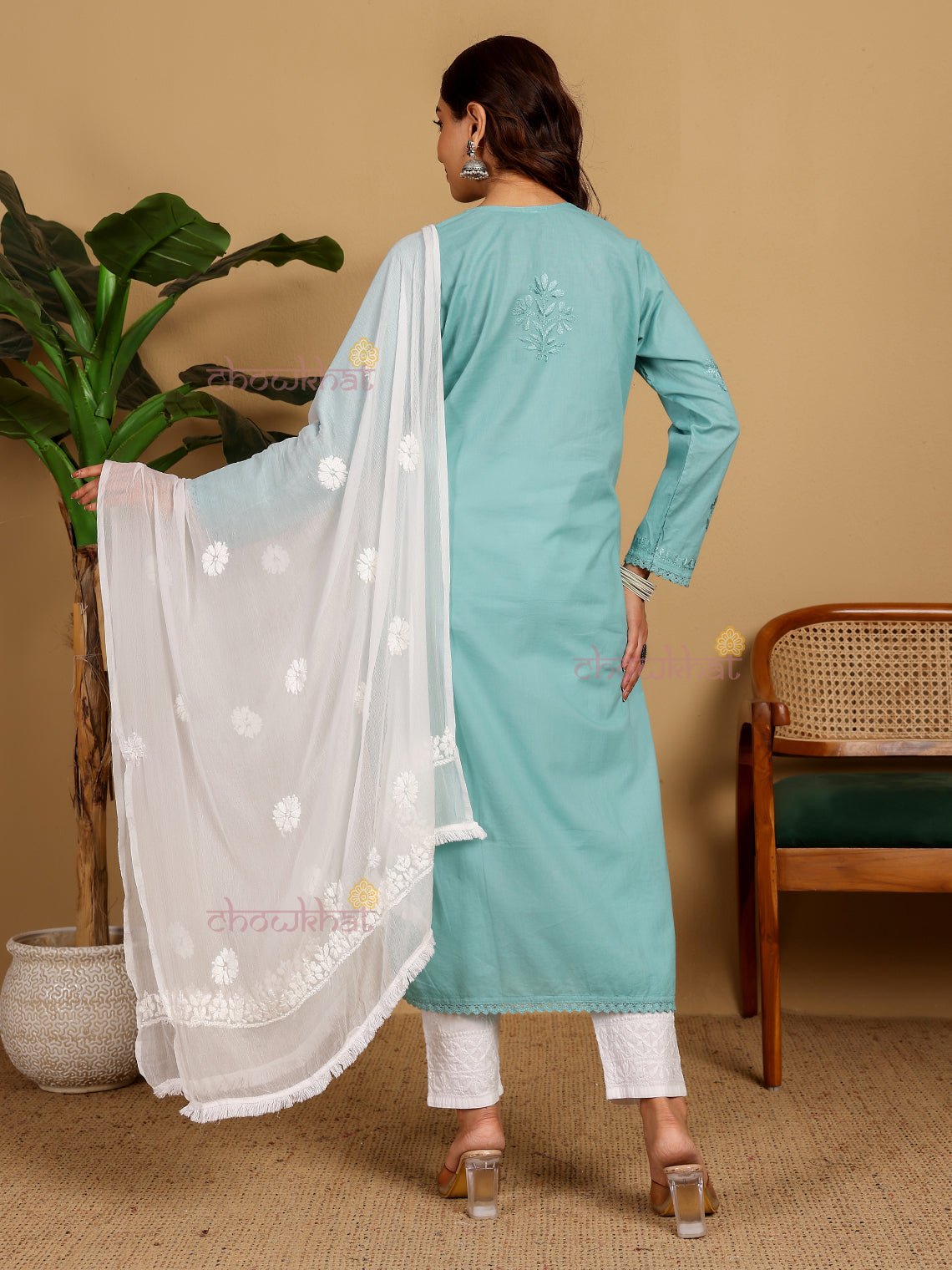 Nazia Chiffon Dupatta With Long Hand Embroidered Chikankari & Lace Detailing - Chowkhat Lifestyle