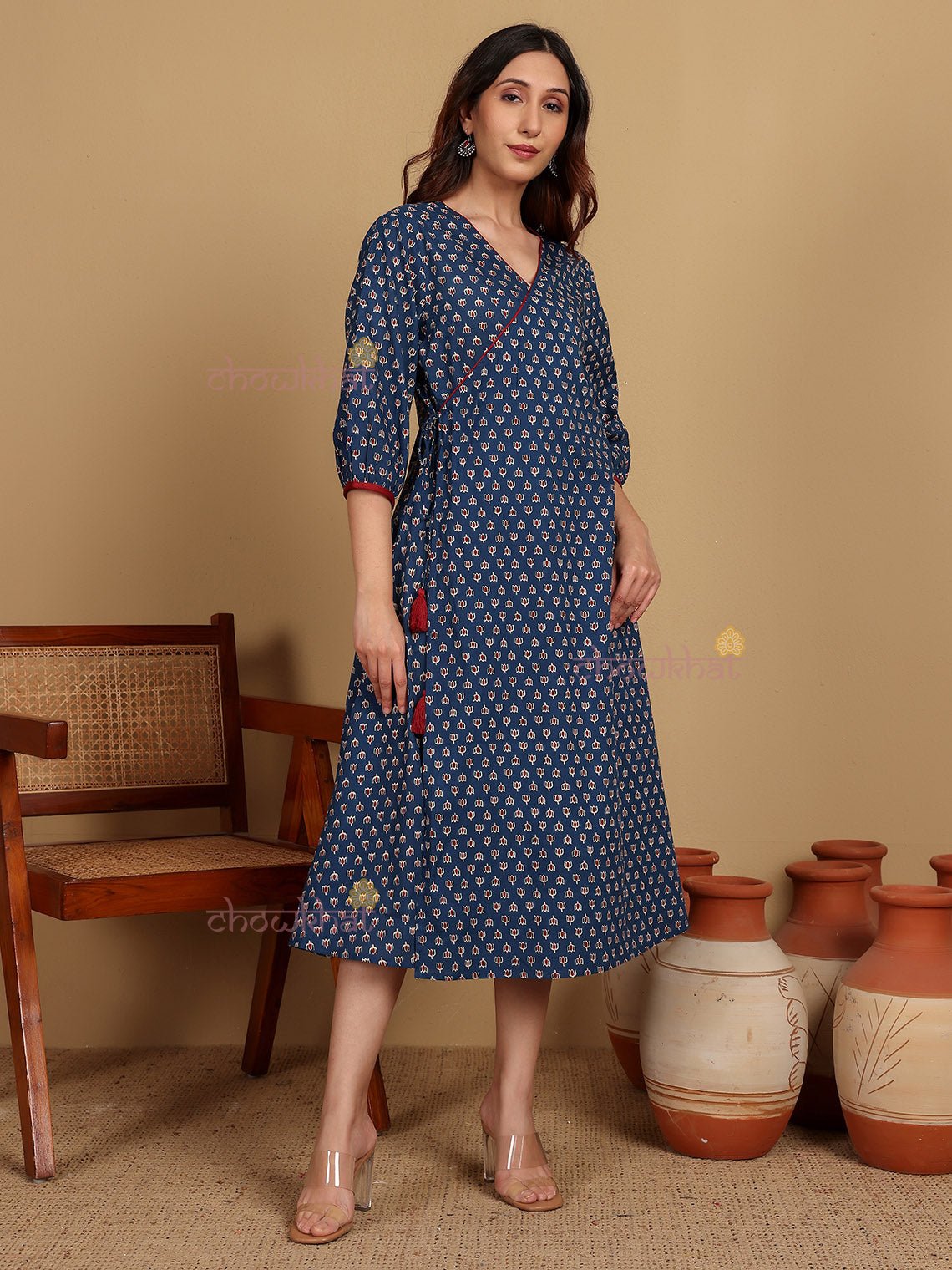 Divya Cotton Hand Printed Angrakha Dress - Chowkhat Lifestyle