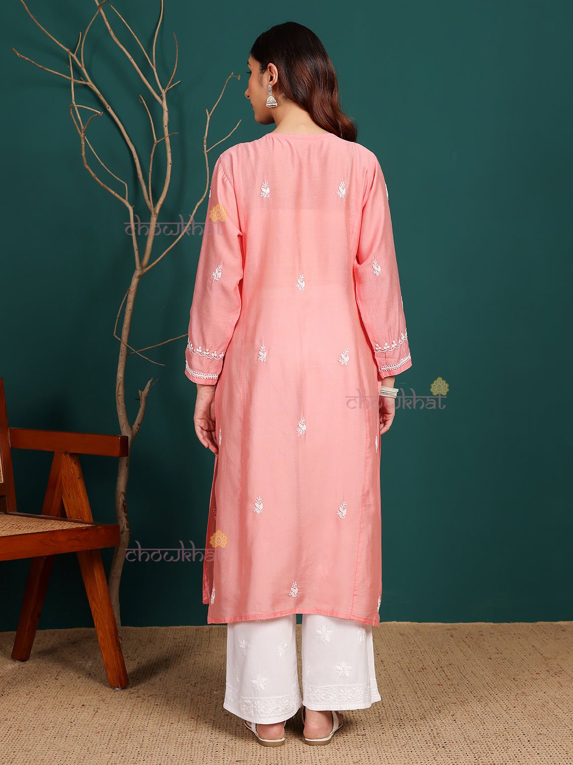 Naina Premium Chanderi Long Hand Embroidered Chikankari Kurti - Chowkhat Lifestyle