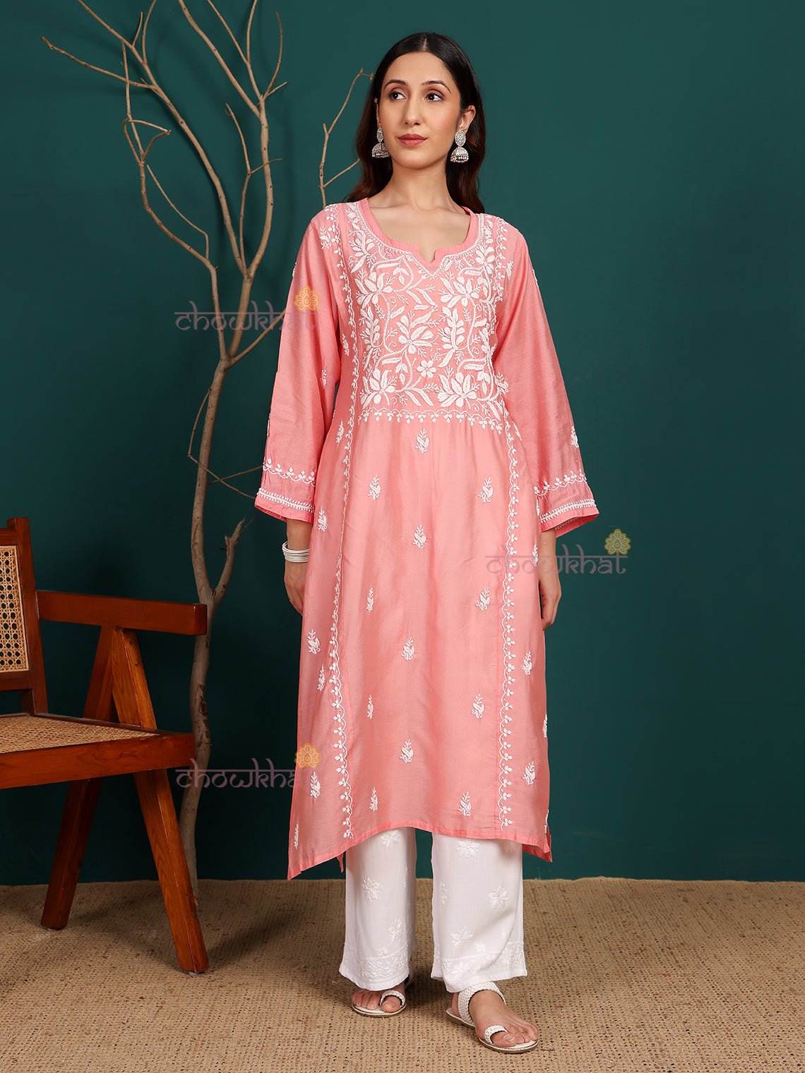 Naina Premium Chanderi Long Hand Embroidered Chikankari Kurti - Chowkhat Lifestyle