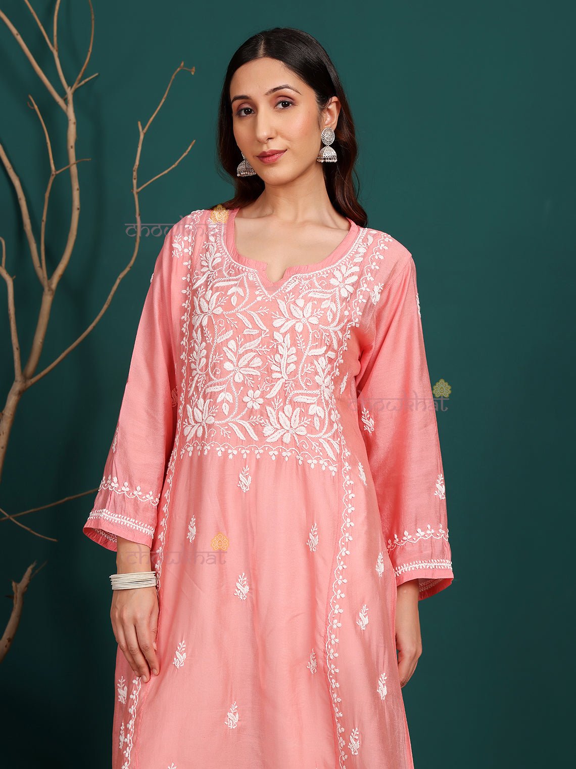 Naina Premium Chanderi Long Hand Embroidered Chikankari Kurti - Chowkhat Lifestyle