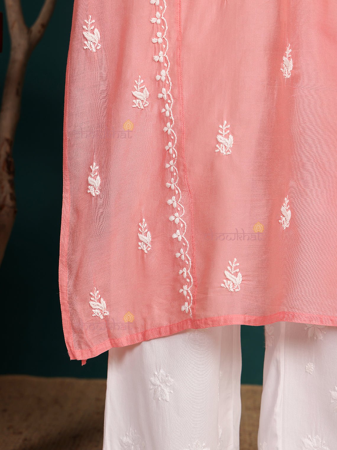 Naina Premium Chanderi Long Hand Embroidered Chikankari Kurti - Chowkhat Lifestyle