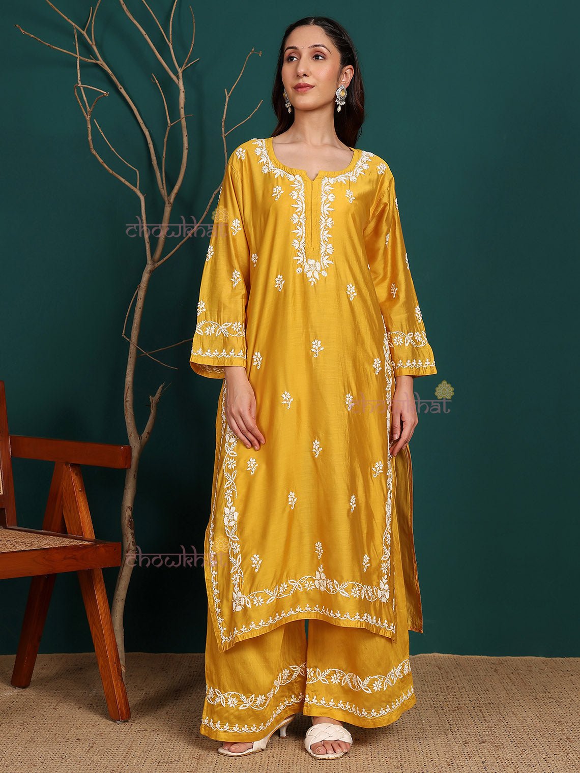 Siya Premium Chanderi Chikankari Kurti & Palazzo Set - Chowkhat Lifestyle