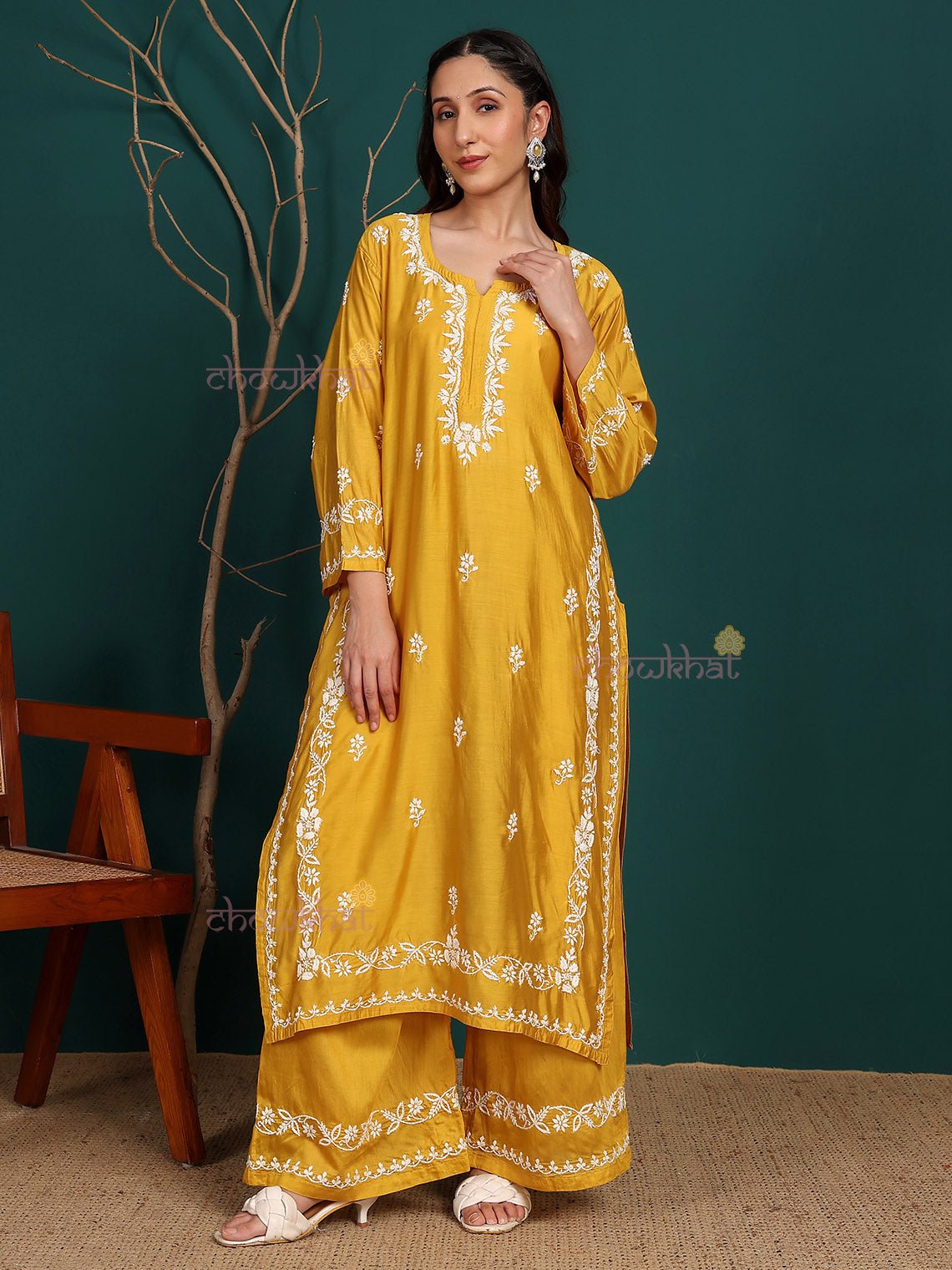 Siya Premium Chanderi Chikankari Kurti & Palazzo Set - Chowkhat Lifestyle