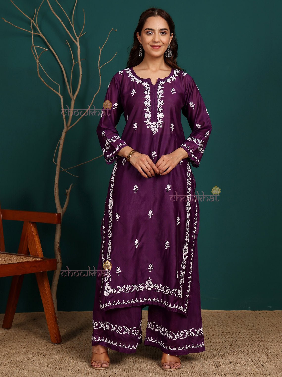 Siya Premium Chanderi Chikankari Kurti & Palazzo Set - Chowkhat Lifestyle