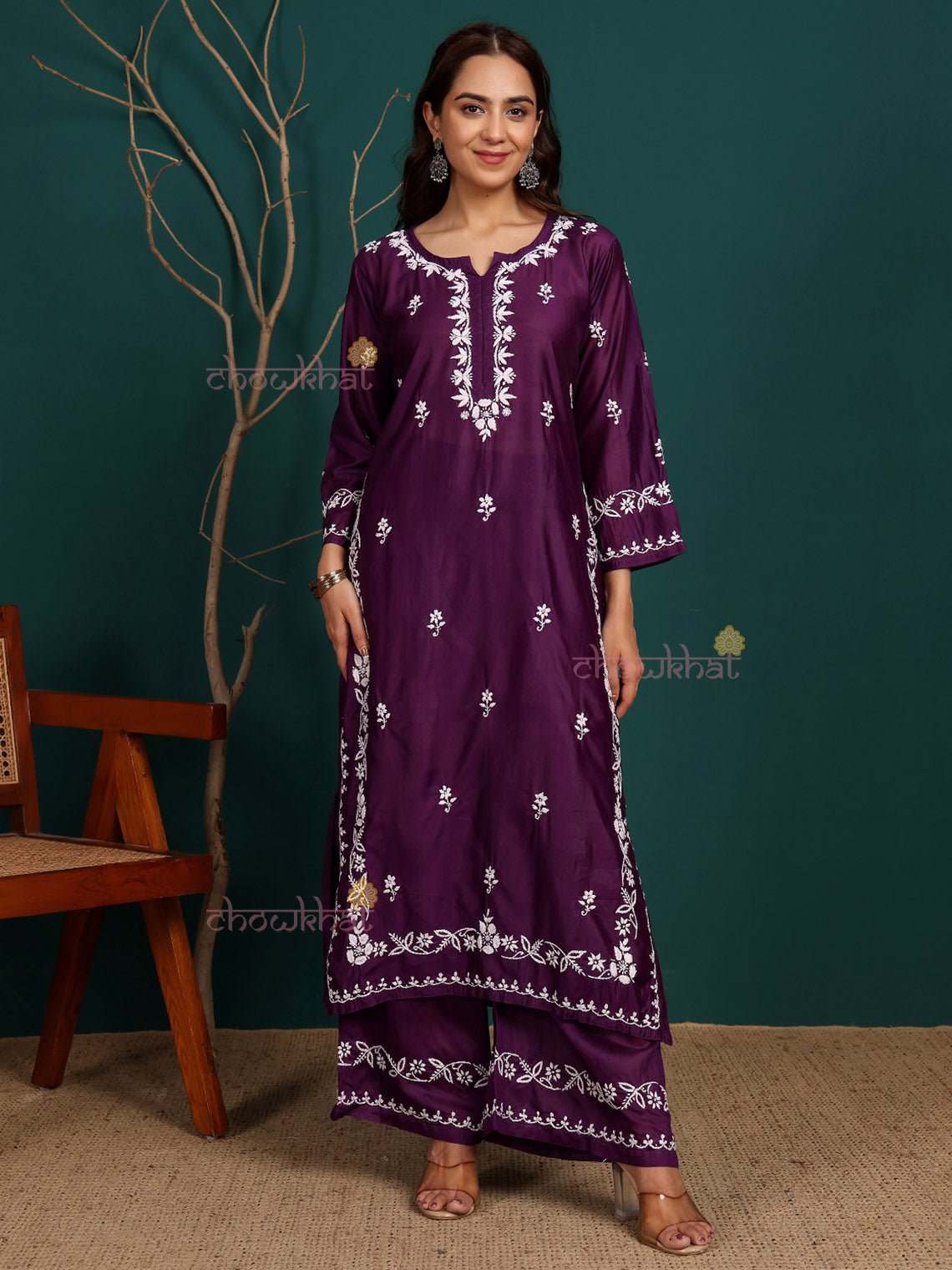 Siya Premium Chanderi Chikankari Kurti & Palazzo Set - Chowkhat Lifestyle