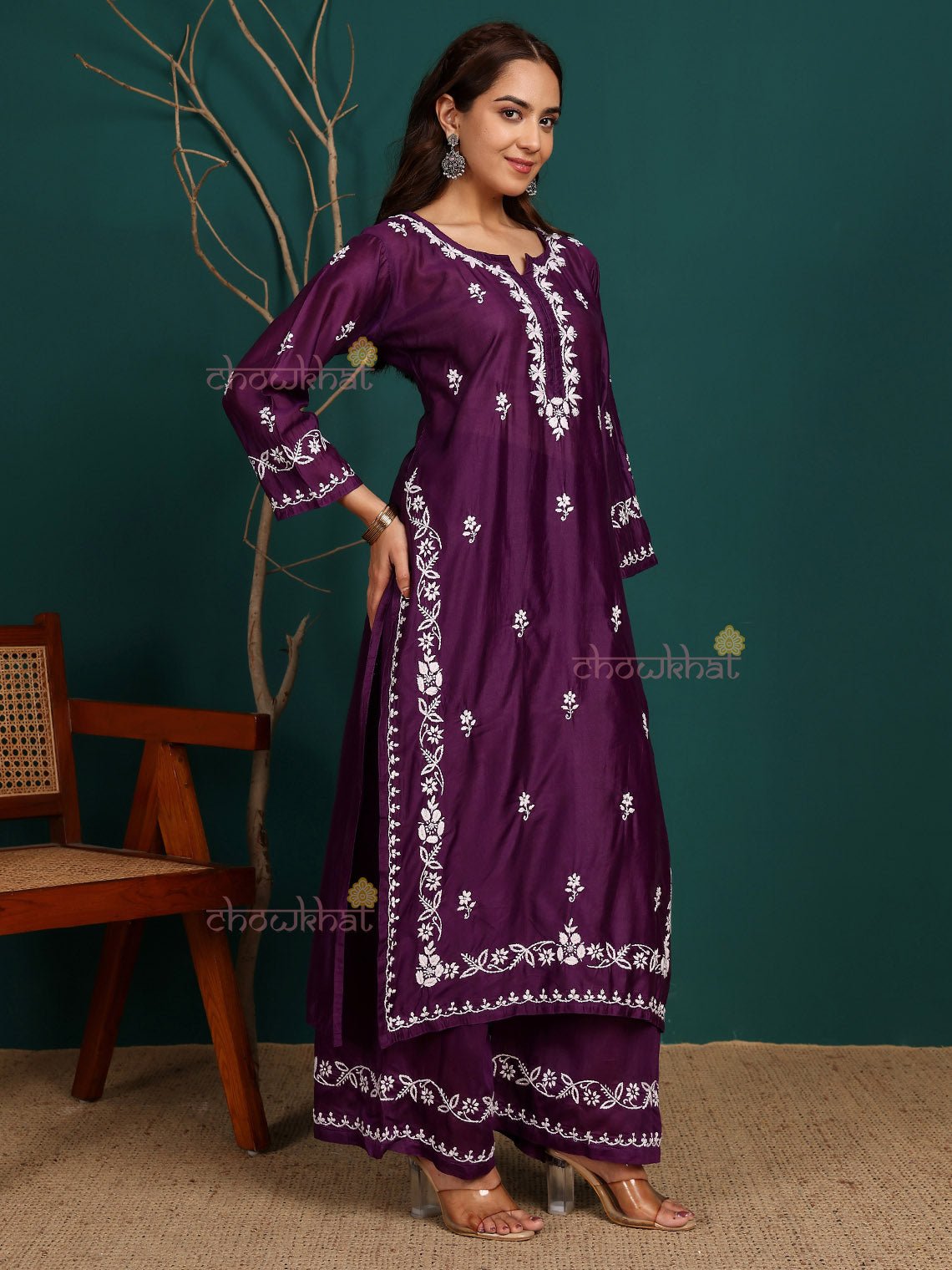 Siya Premium Chanderi Chikankari Kurti & Palazzo Set - Chowkhat Lifestyle